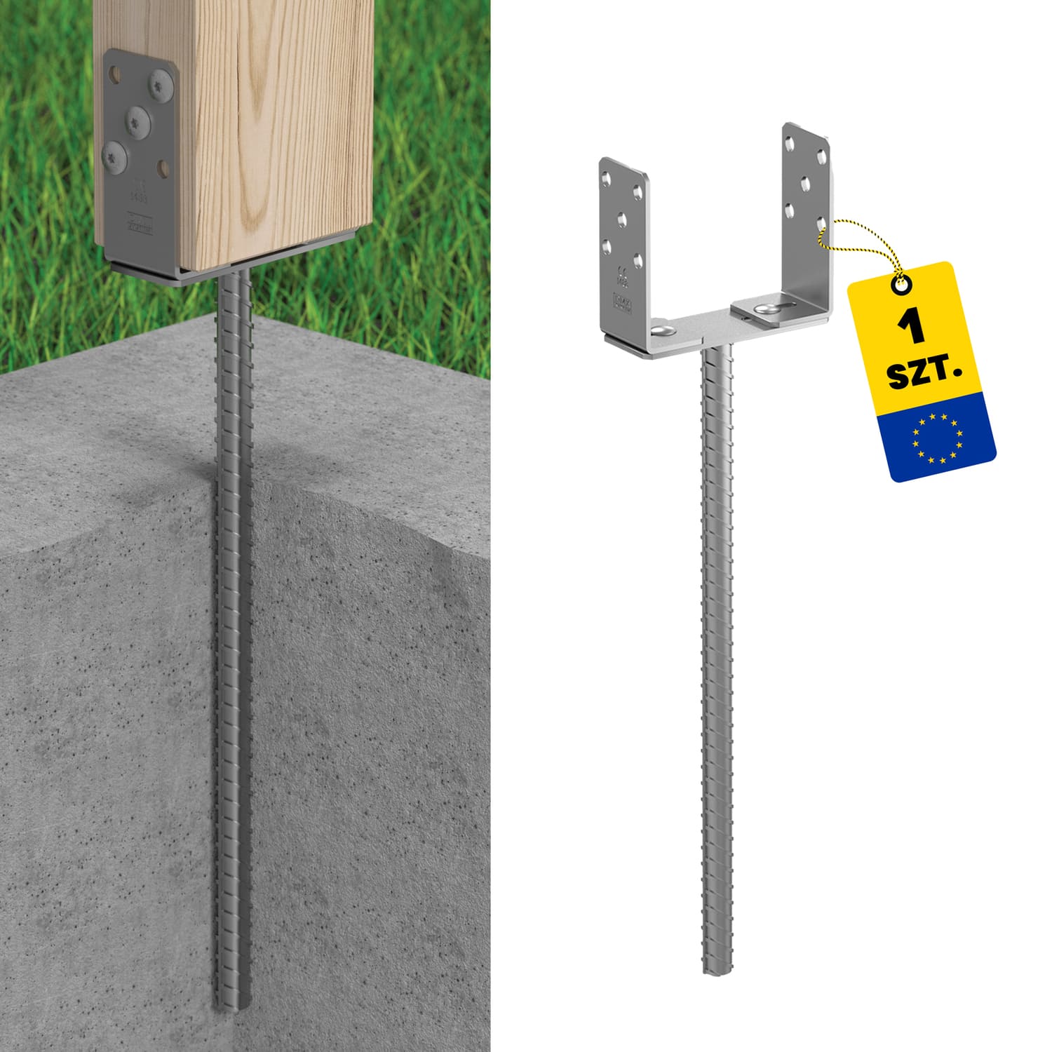 Podstawa słupa kotwa do wmurowania typ U regulowana - PSRU | 60-200 mm | Pręt 500 mm