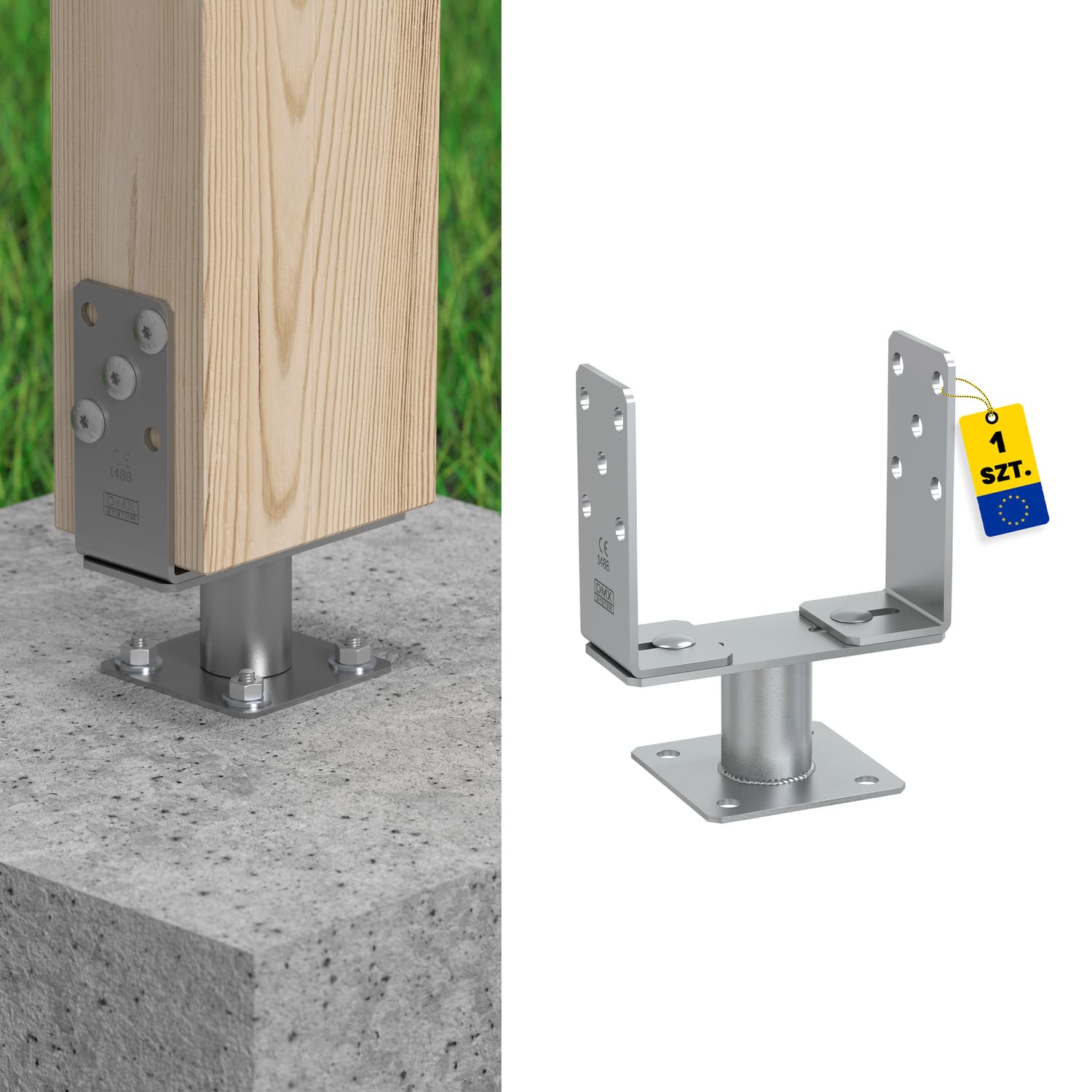 Pfostenträger zum aufdübeln U-Form verstellbar - PSRT | 60-200 mm | feuerverzinkt Mastfuß, U-Typ-Anker, verstellbare Breite, verschraubt auf PSRT, 60-200 mm, silber, Produktfoto.