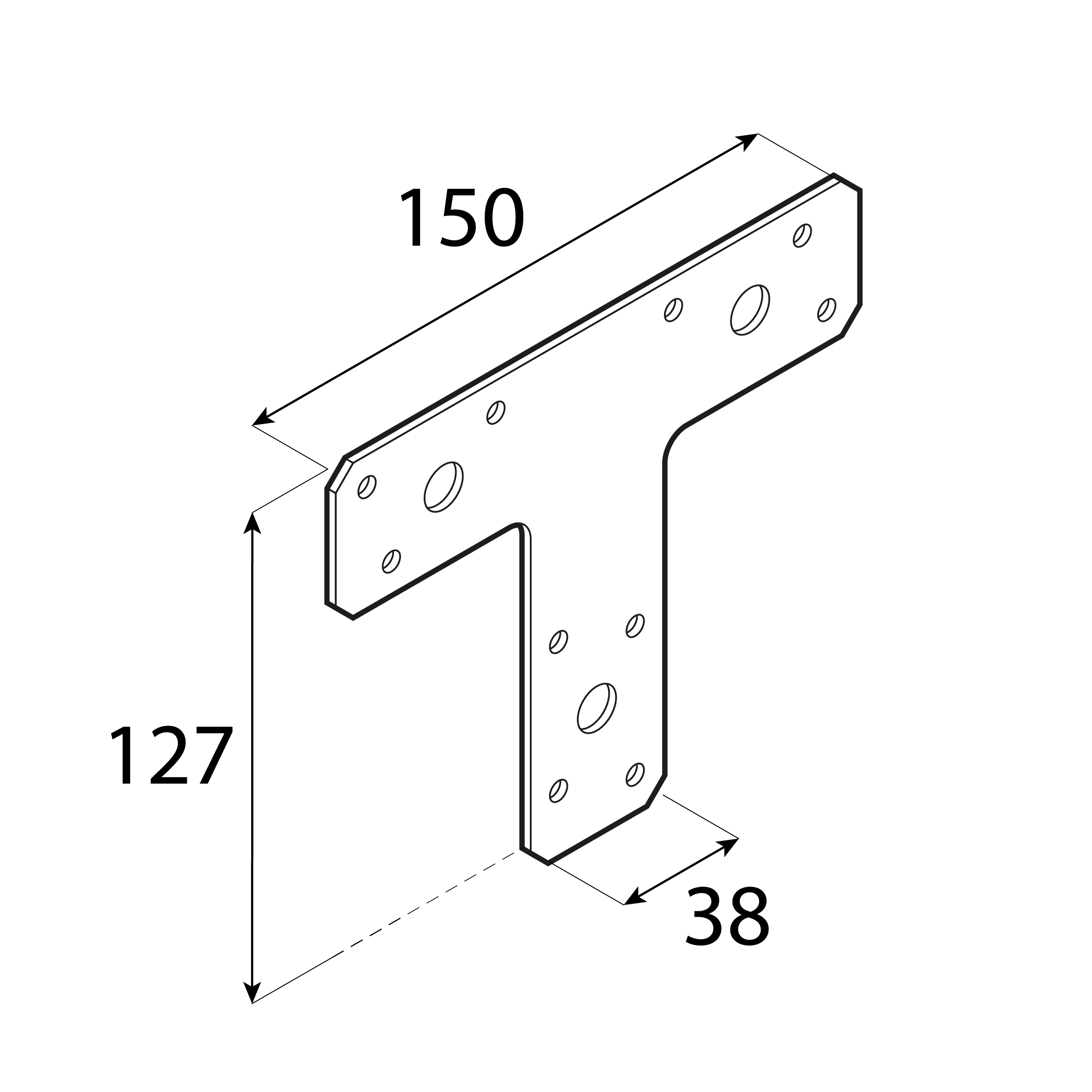 Łącznik płaski metalowy typu T - KT 2 | 150x127x38 mm | 2 mm | Srebrny