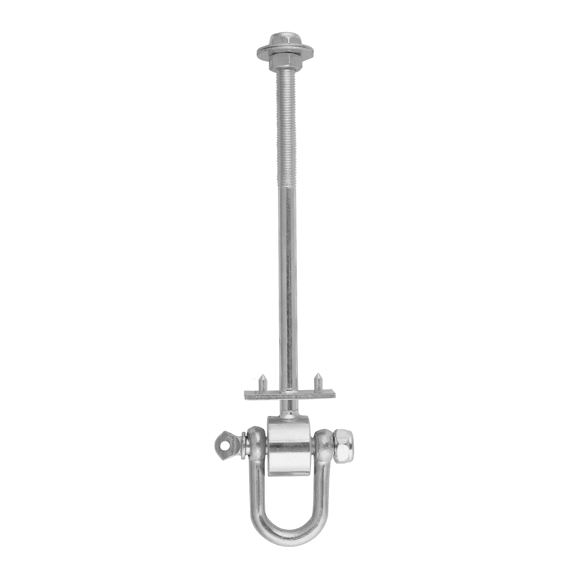 Schaukelhaken mit Lasche + Bolzen Typ D - MHD | 200 mm | M12 Schaukelhaken mit SchÀkel + Stiften, Schlingenbefestigung Typ D MHD, 200 mm, M12, Silber, Kohlenstoffstahl, im Set enthalten.