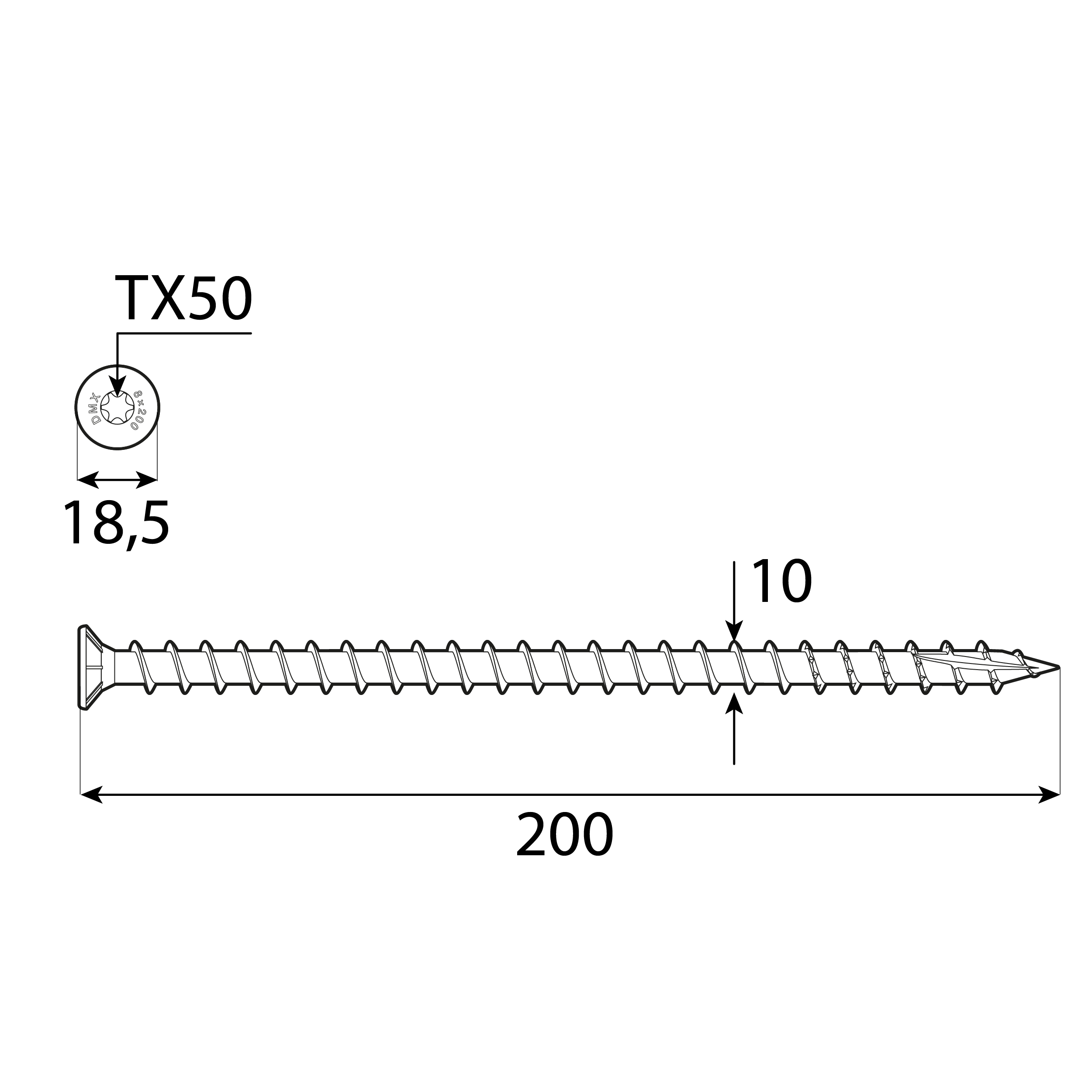 Wkręty z pełnym gwintem konstrukcyjne z łbem stożkwym TORX - CPS | 10 x 200 mm | Srebrny | 50 szt Wkręty z pełnym gwintem konstrukcyjne z łbem stożkwym TORX - CPS | 10 x 200 mm | Srebrny | 50 szt