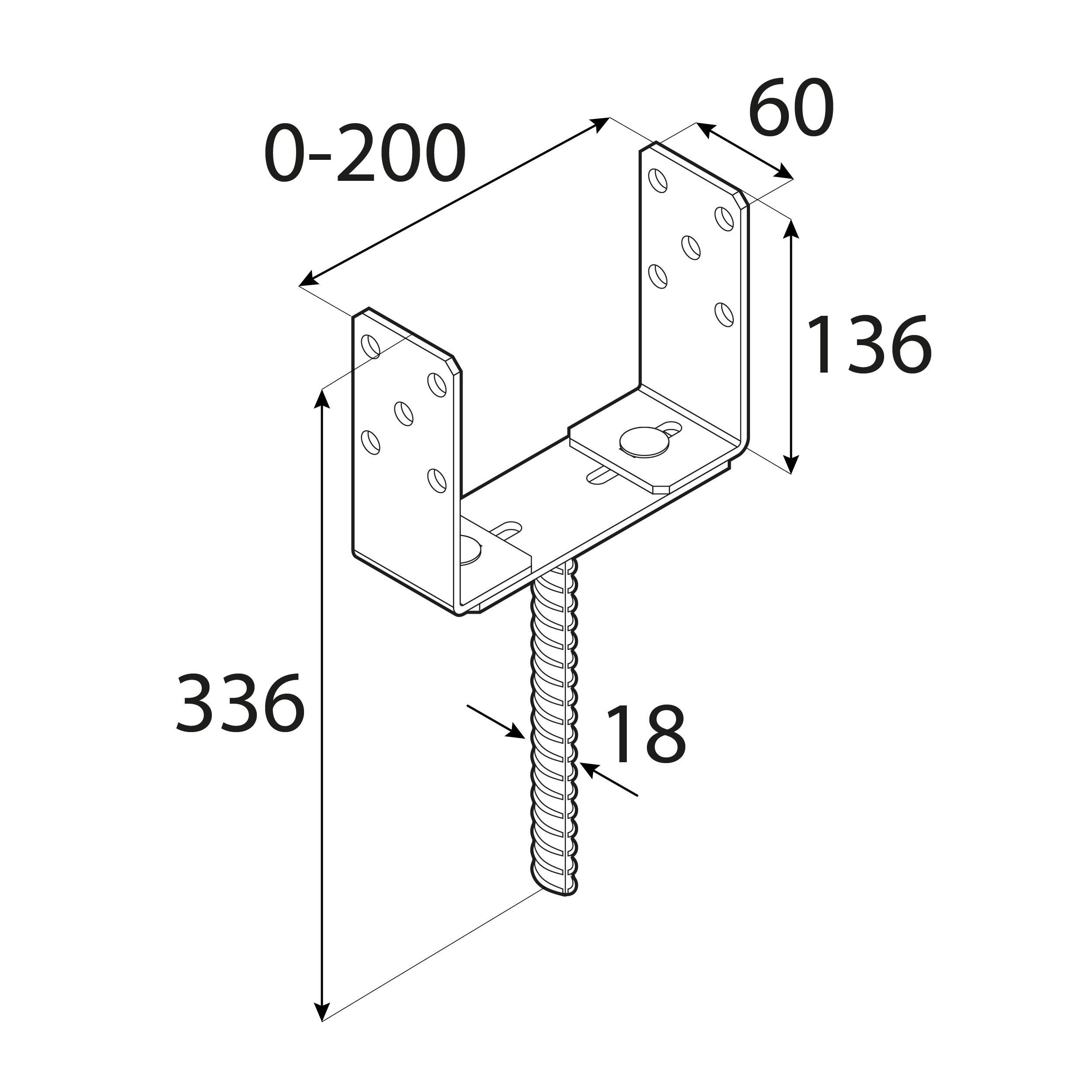 Podstawa słupa kotwa do wmurowania typ U regulowana - PSRU | 60-200 mm | Czarny