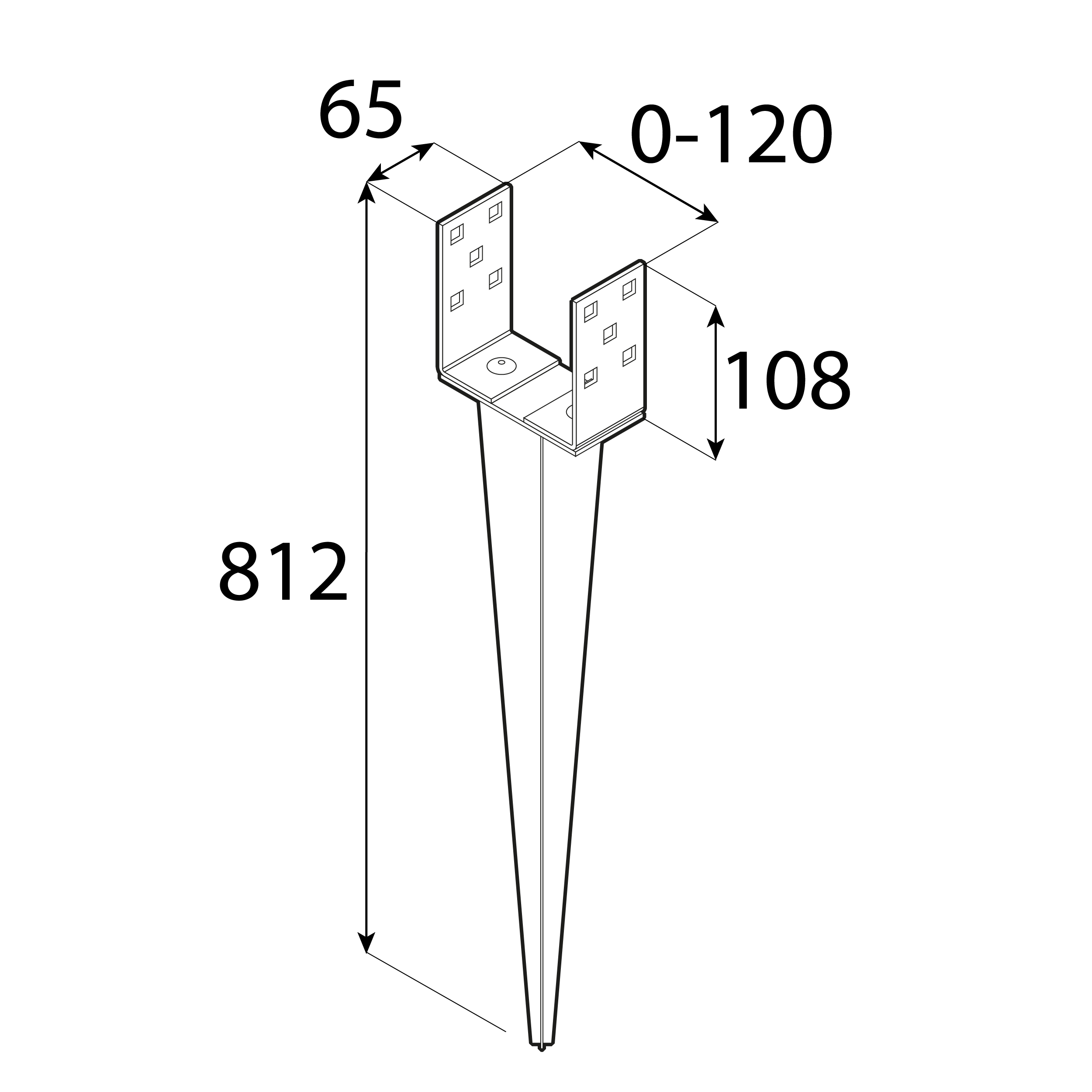 Einschlaghülse verstellbar 70-120 mm Bodenanker feuerverzinkt - PSGR | 70-120 mm Verstellbarer eingeschlagener Pfostenfuß 70-120 mm PSGR 0-120/700, 70-120 mm, 120x65x700x2,0 mm, silber, S235 700 Baustahl.