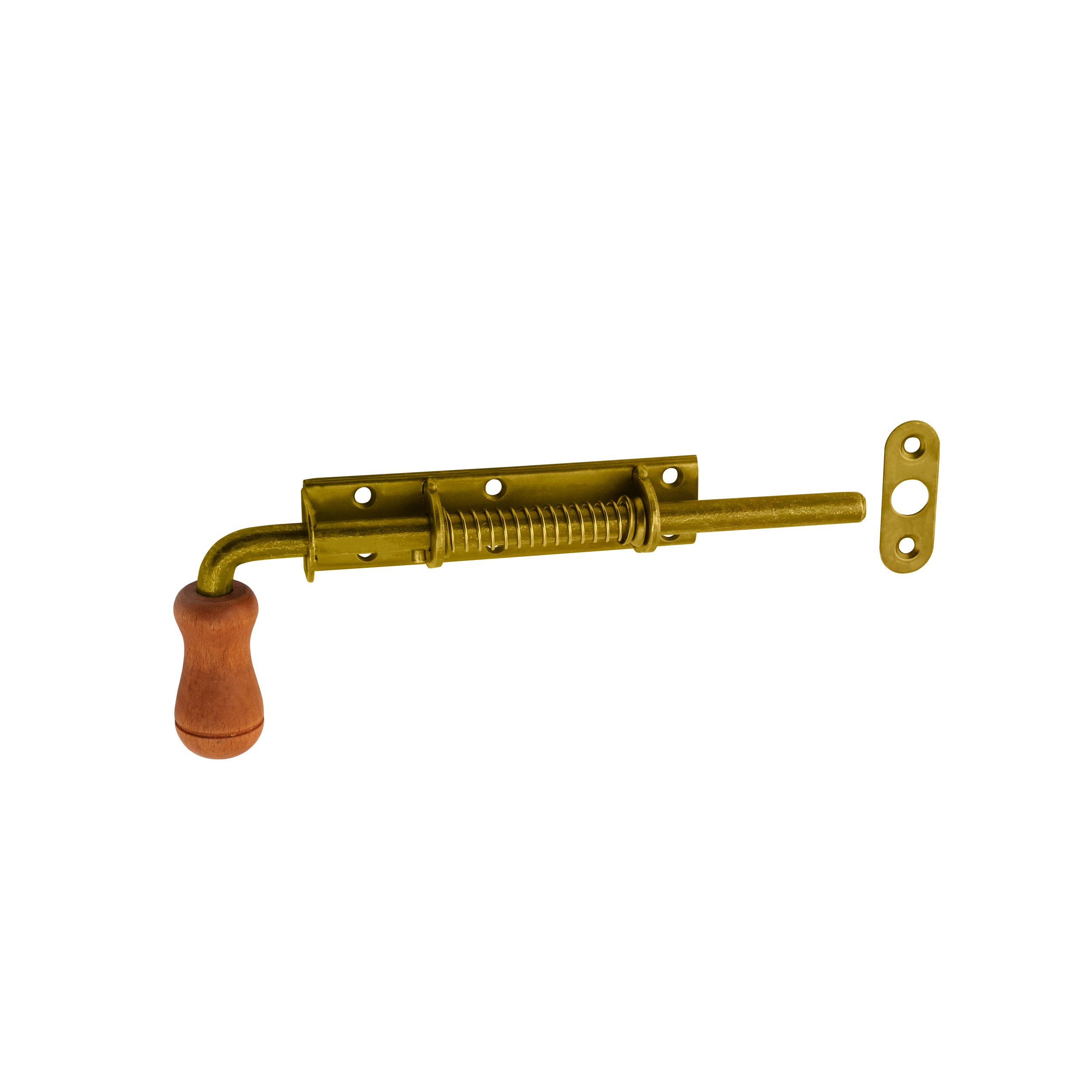 Runder Federriegel mit Holzgriff Bolzenriegel - WSP | verzinkt | 200 mm Federriegel mit Holzgriff rund WSP, gold, 200 mm, 200x120x30 mm, DC01 Baustahl.