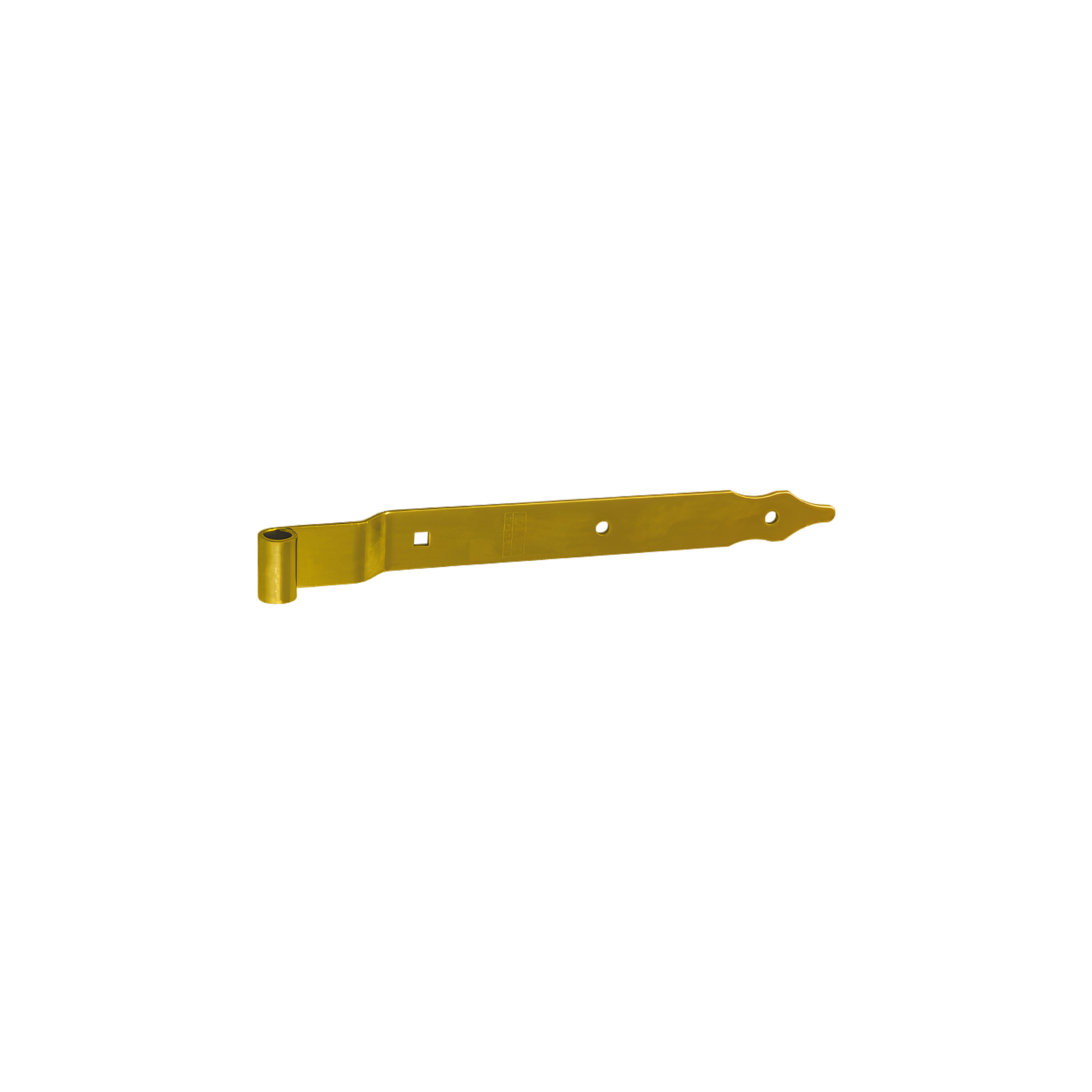 Gekröpftes Ladenband für Tore - ZPK | verzinkt | 300 mm | fi 10 mm Versetztes Bandscharnier für ZPK-Tore, Gold, 300 mm, Durchmesser 10 mm, 300 x 11 x 30 x 3,0 mm, S235-Baustahl.