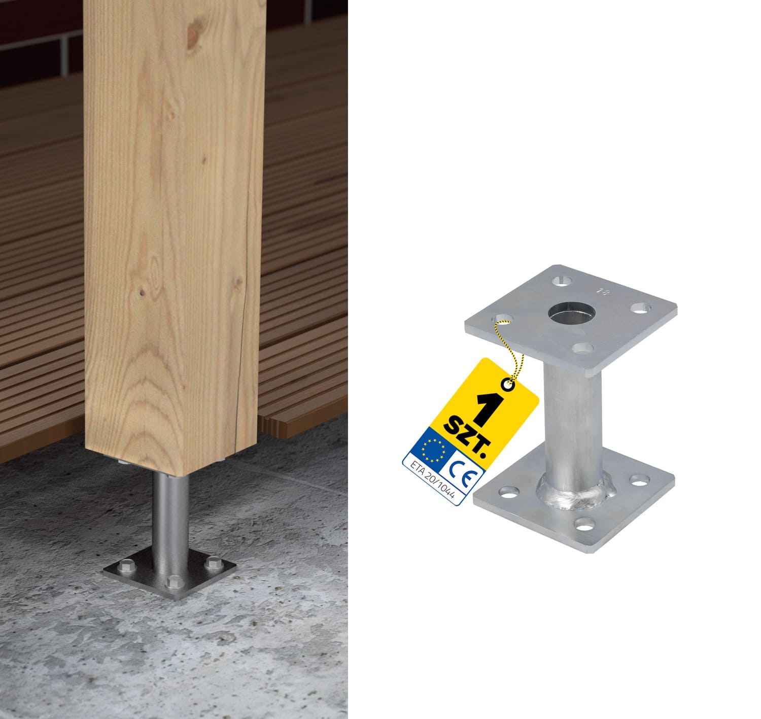 Pfostenträger flach Konsole mit Rohr - PMF | 80x80 mm | 100 mm | feuerverzinkt Mastfußanker-Flachhalterung mit PMF-Rohr, 80x80 mm, 100 mm, silber.