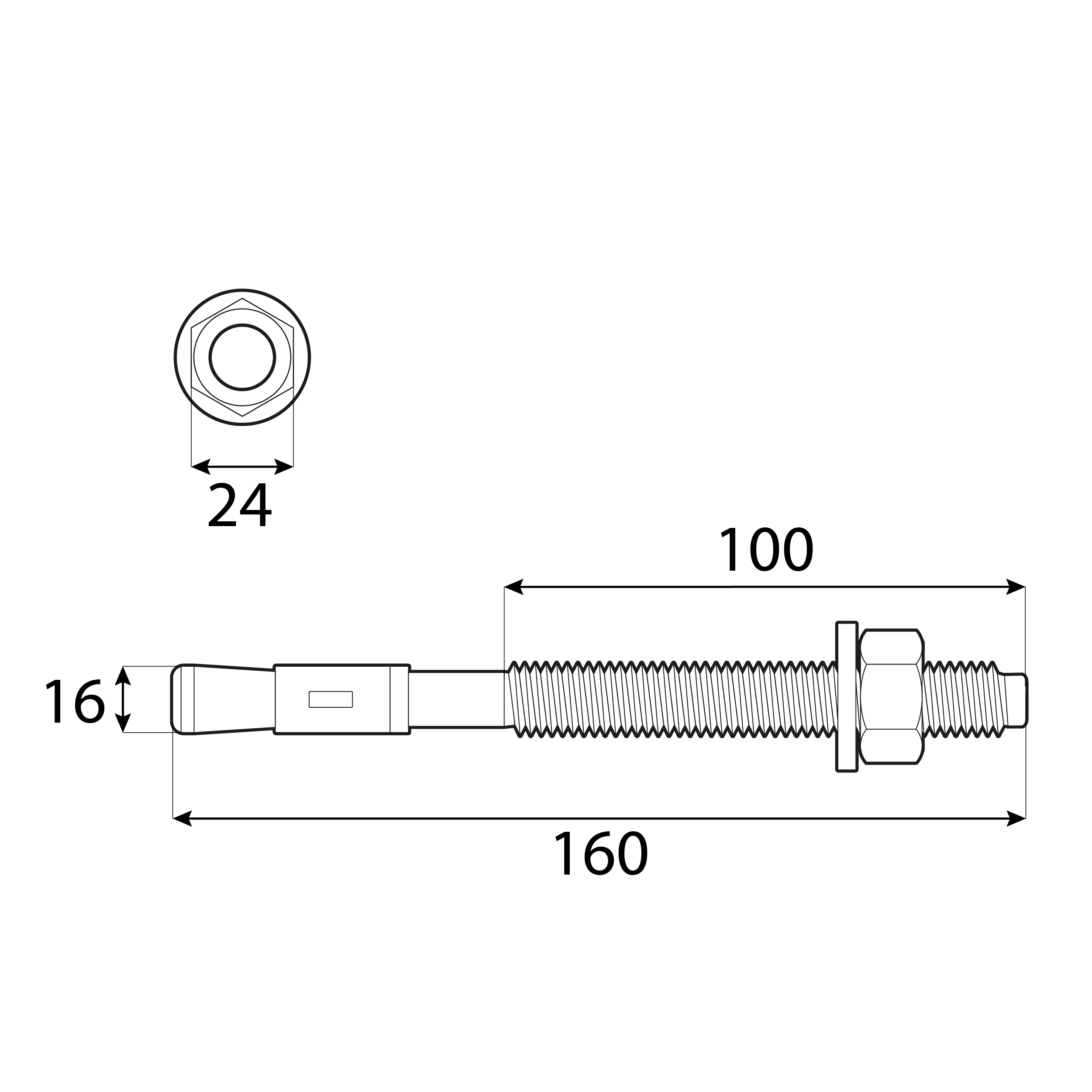 Bolzenanker Beton Sechskantkopf - PBK | M16 x 160 mm | verzinkt | 10 Stk. Mechanische Ringanker für PBK-Beton, M16x160 mm, silber, 10 Stk., 16x160 mm, gehärteter Kohlenstoffstahl, Schuss 1.