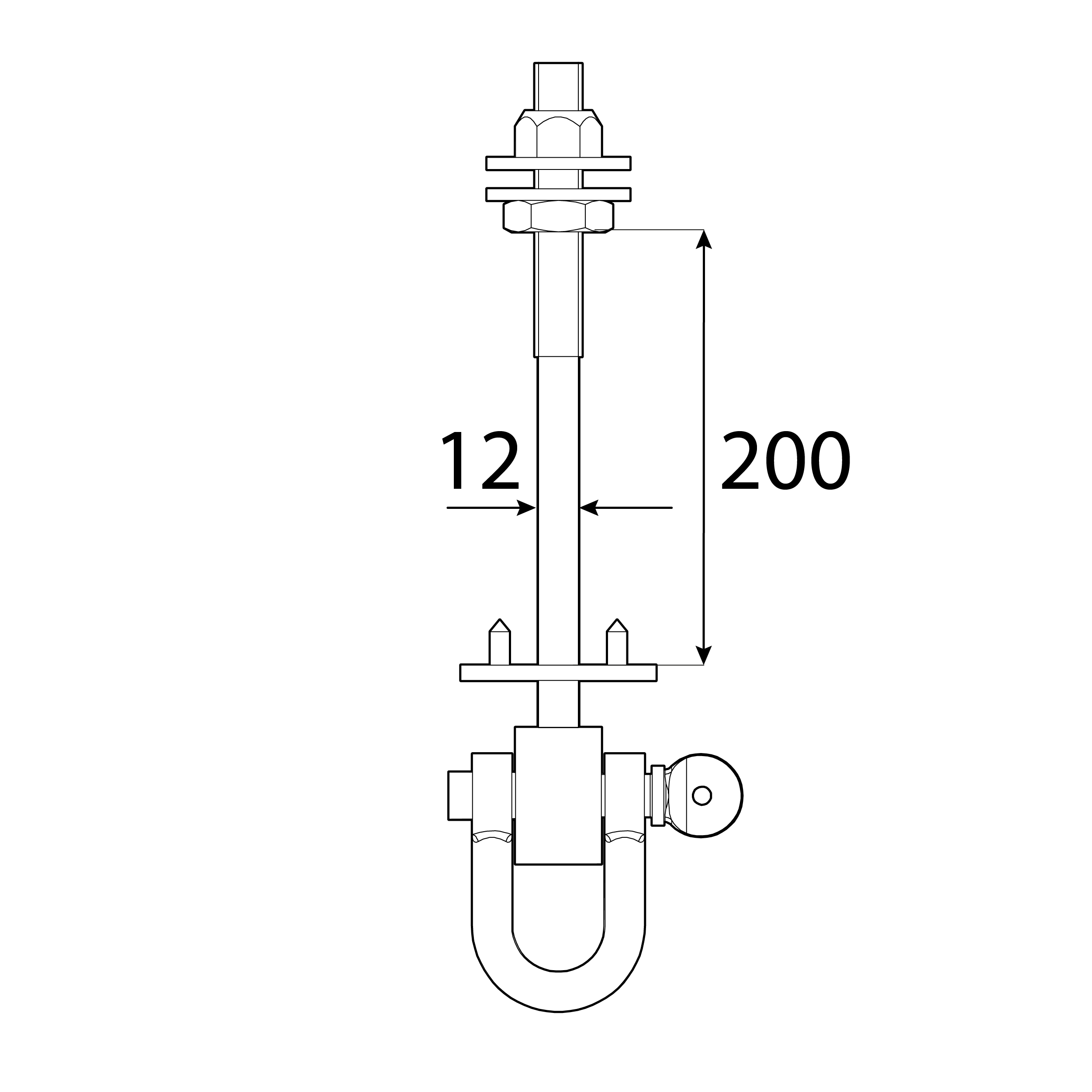 Schaukelhaken mit Lasche + Bolzen Typ D - MHD | 200 mm | M12 Schaukelhaken mit SchÀkel + Stiften, Schlingenbefestigung Typ D MHD, 200 mm, M12, Silber, Kohlenstoffstahl, Schuss 1.