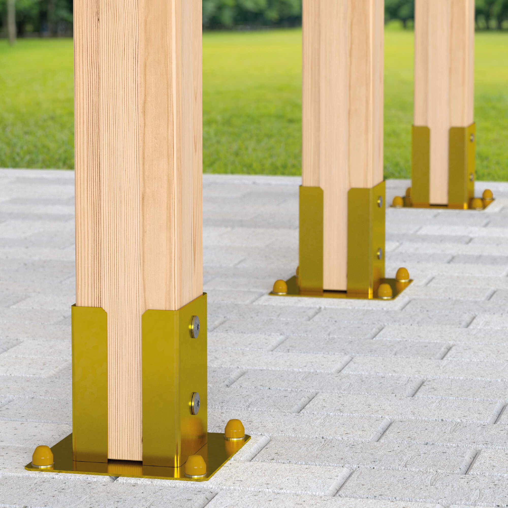 Pfostenträger zum aufdübeln Aufschraubhülse doppelt mit rechteckiger Grundplatte - PSPD | 100 mm | Gold Säulenfuß, doppelt verschraubter Anker mit rechteckigem Sockel PSPD, 100 mm, Gold, 101 x 150 x 2,5 mm 1.