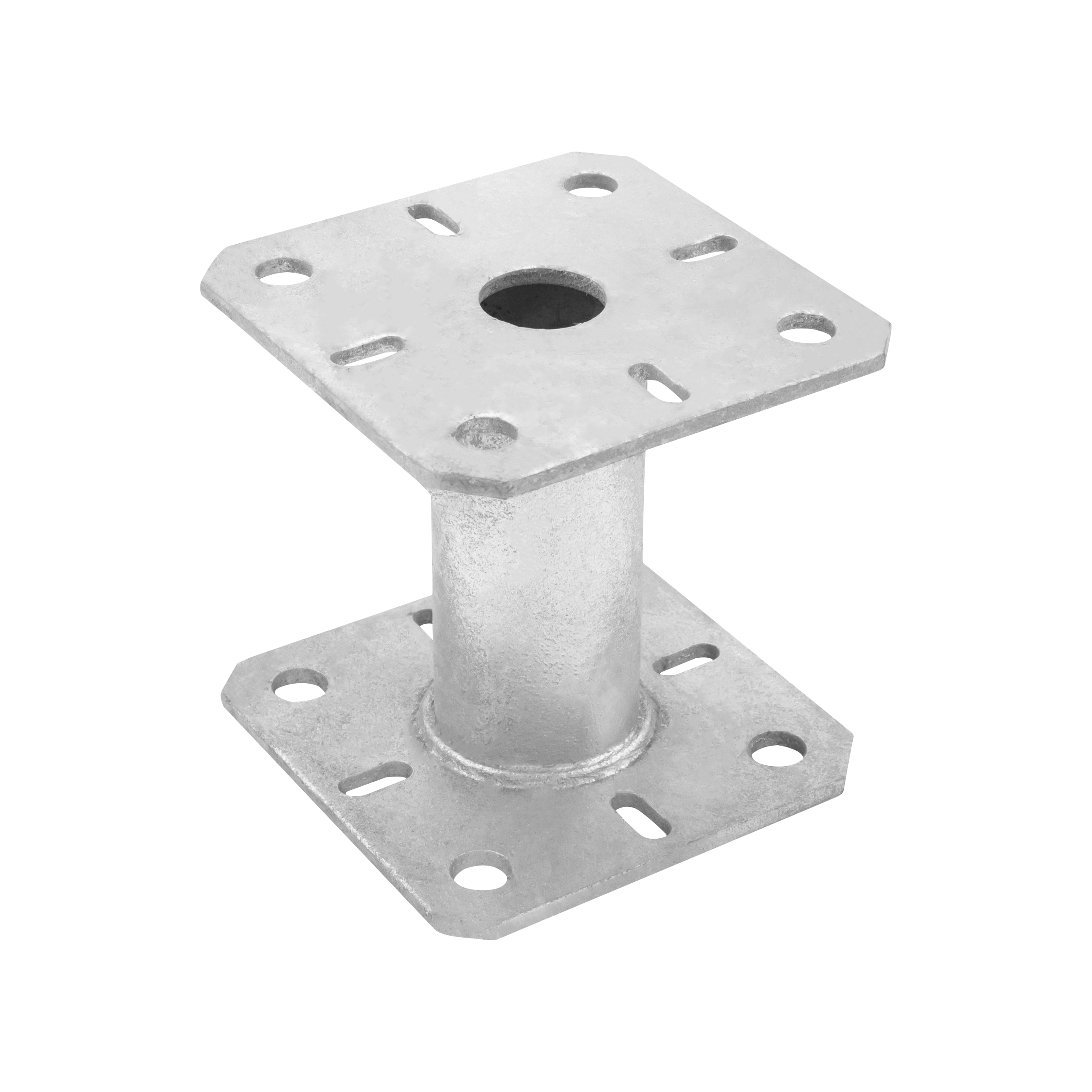 Pfostenträger flach Konsole mit Rohr - PMF | 100x100 mm | 100 mm | feuerverzinkt Flachhalterung für Mastfußanker mit PMF-Rohr, 100 x 100 mm, 100 mm, silber, 100 x 100 x 100 x 4,0 mm.