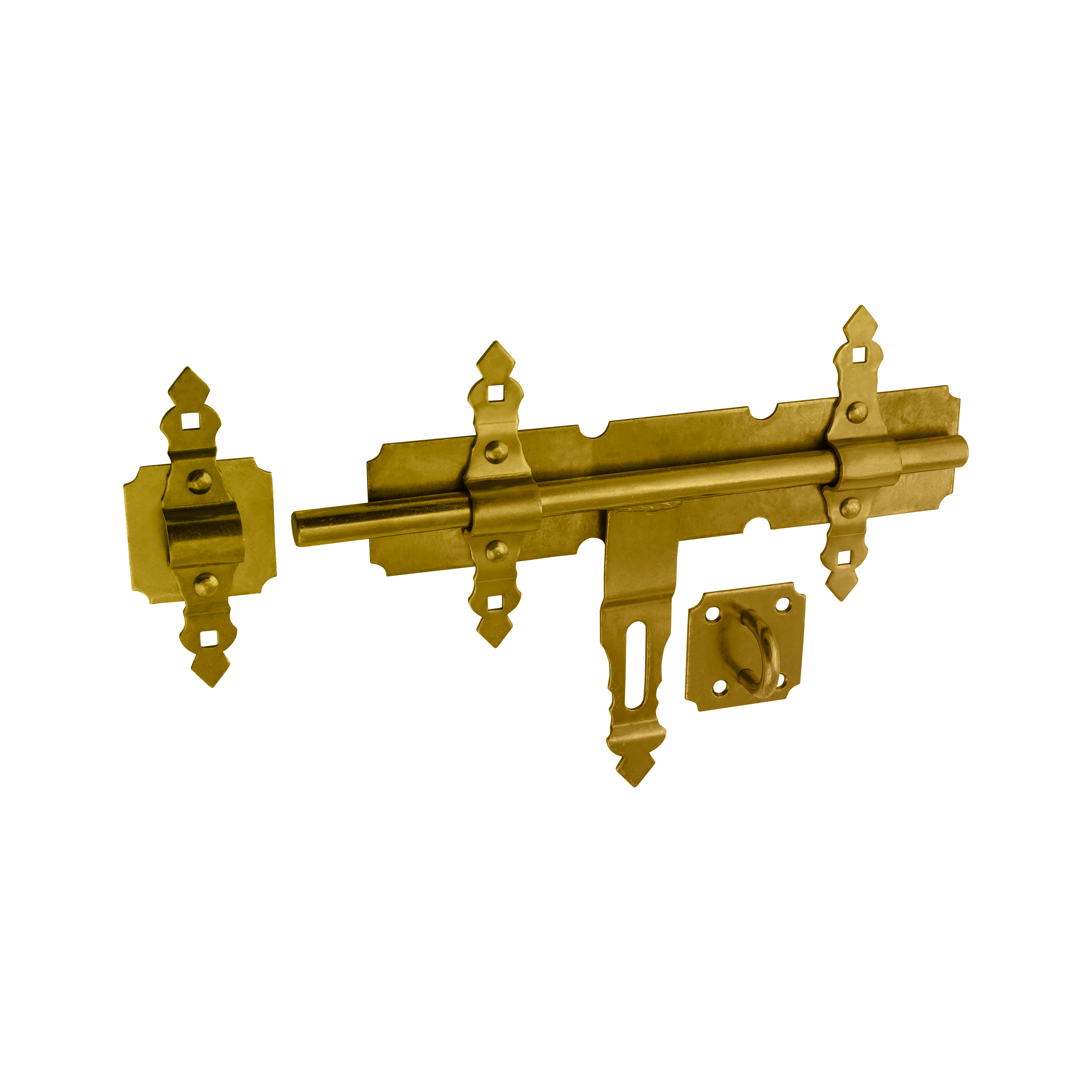 Schwerer dekorativer Torriegel mit flachem Riegel für Tor und Gartentor - WCZ | verzinkt | 350 mm Schwerer Zierriegel mit Flachriegel für WCZ-Schlupftor, Gold, 350 mm, 350 x 200 x 2,5 mm, S235-Baustahl.