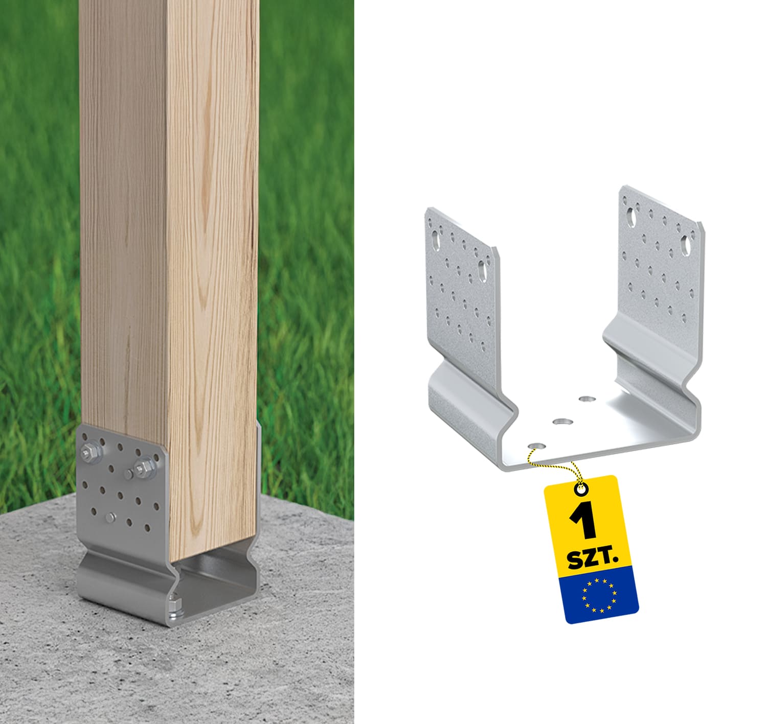 Pfostenträger zum aufdübeln U-Form Pfostenanker Mehrpunkt - PSSOZ | 140 mm | feuerverzinkt Säulenfuß-U-Anker mit Versatz, Mehrpunkt-PSSOZ, 140 mm, silber.