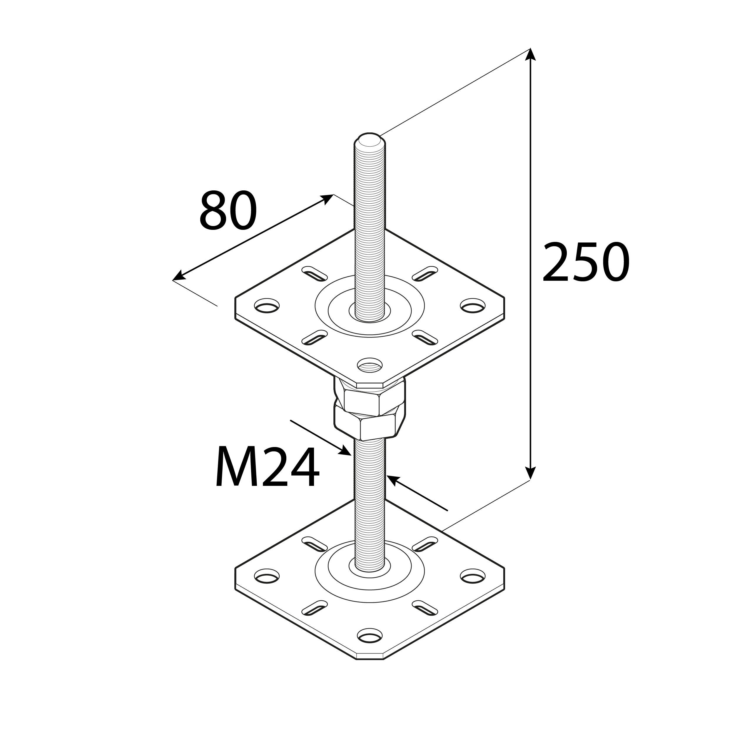 Pfostenträger verstellbar zum aufdübeln Anker mit Gewinde M24 - PSR |80x250 mm | verzinkt Flacher Gewindeanker für Mastfuß, höhenverstellbar PSR, 80x250 mm, M24, Silber 2.