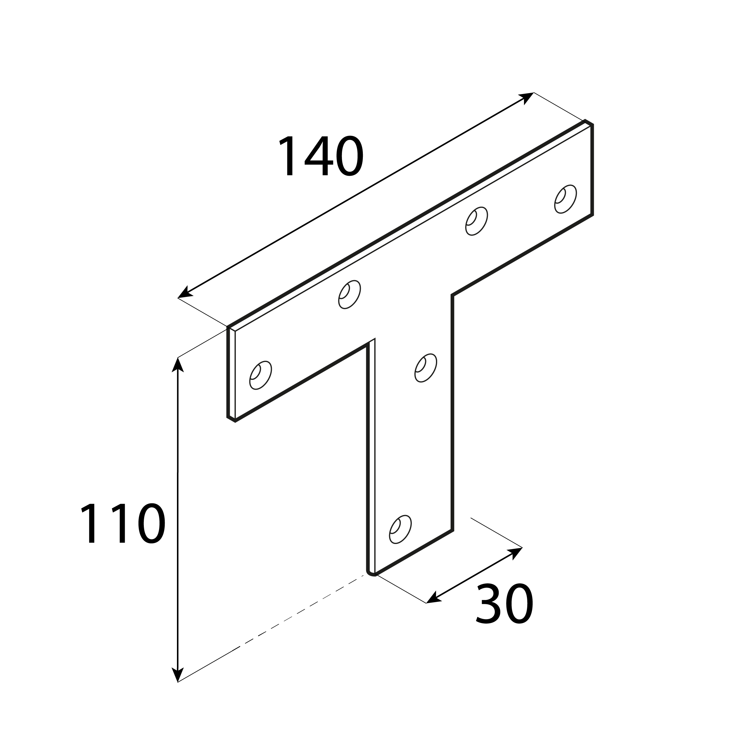 Łącznik płaski metalowy typu T - KT 140 | 140x110x30 mm | 2 mm | Srebrny