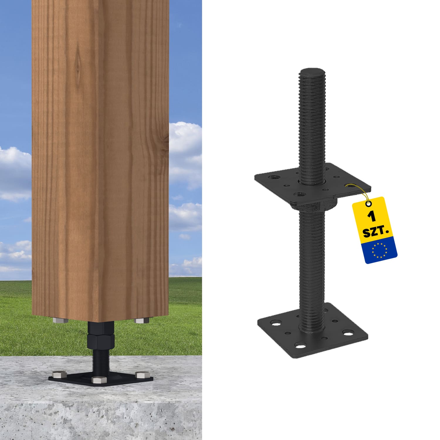 Pfostenträger verstellbar zum aufdübeln Anker mit Gewinde M24 - PSR |80x250 mm | Schwarz Flacher Gewindeanker für Mastfuß, höhenverstellbar PSR, 80x250 mm, M24, schwarz, Produktfoto.