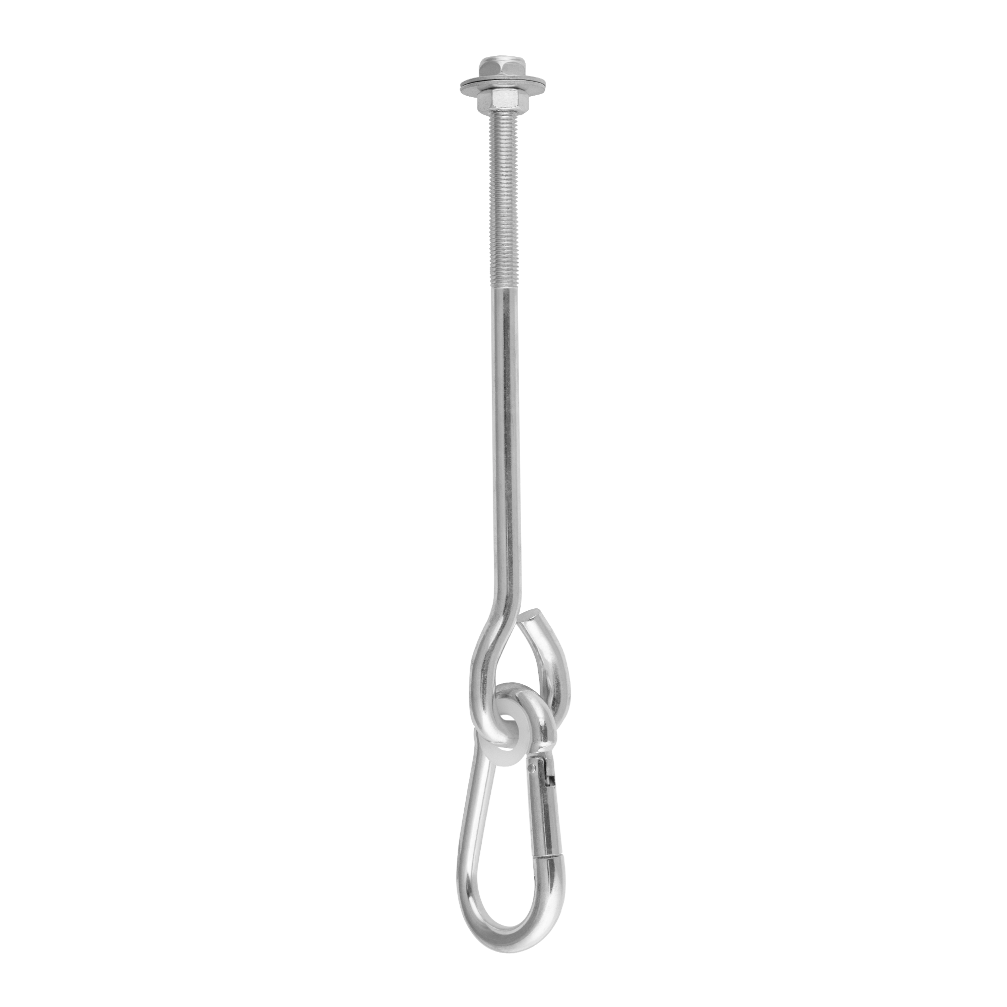 Schaukelhaken mit Karabiner Typ A - MHA | 200 mm | M12 Schaukelhaken mit Karabiner, Schlingenbefestigung Typ A MHA, 200 mm, M12, Silber, Kohlenstoffstahl, inklusive.