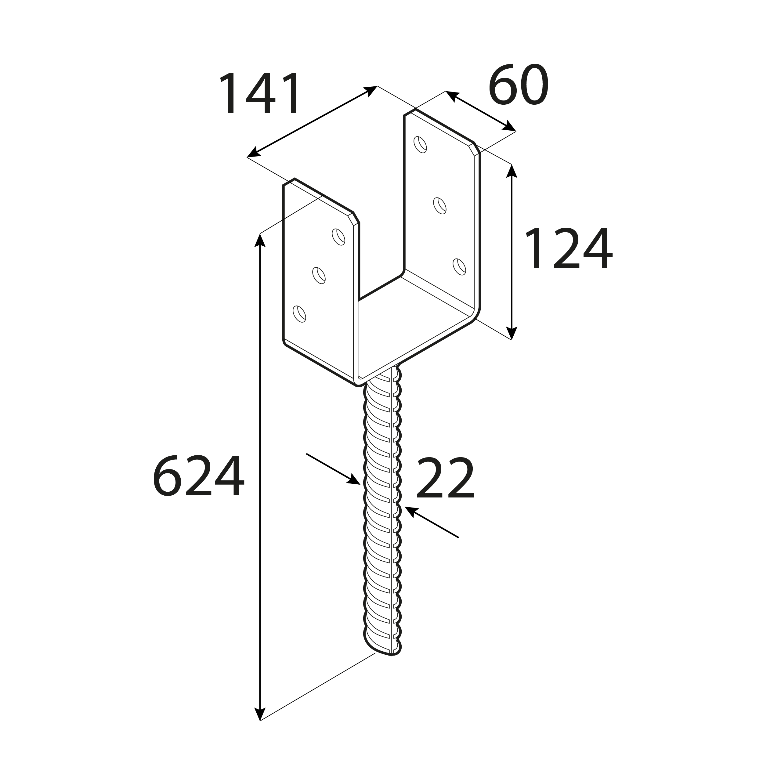 Podstawa słupa kotwa typ U z długim prętem - PS 500 | 140 mm | 624 mm Podstawa słupa kotwa typ U z długim prętem - PS 500 | 140 mm | 624 mm