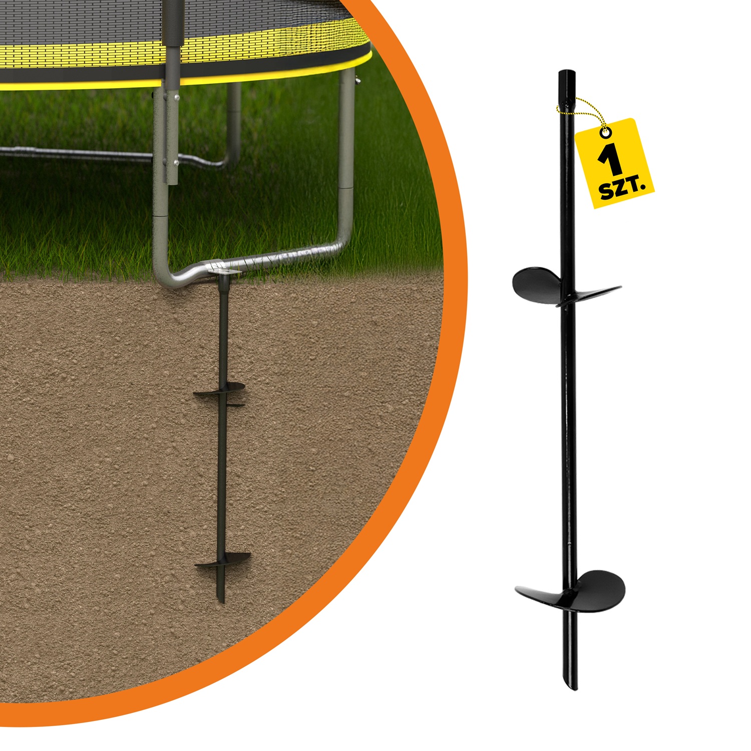 Einschraub Bodenanker mit Sechskantmutter Pfostenträger Stützen Erdanker pulverbeschichtet für Trampolin und Camping - PWT | 150x800 | M16 Basisanker mit Sechskantmutter im Boden verschraubt PWT, 150x800, M16, 3xM16, schwarz, Baustahl S235; DIN 6334, Produktaufnahme.