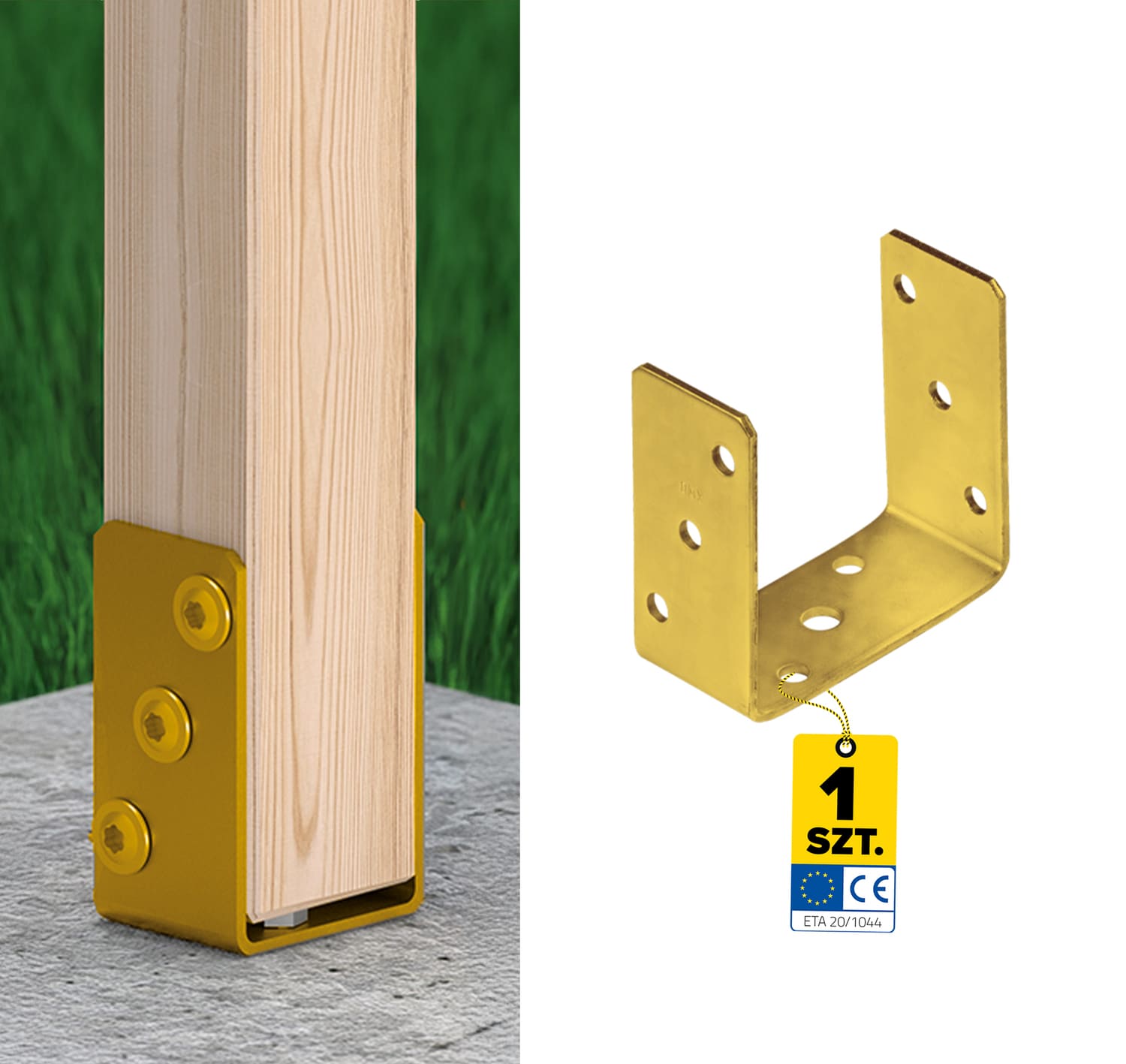 Podstawa słupa kotwa przykręcana do betonu typ U uniwersalna - PSO | 120 mm | Złoty Podstawa słupa kotwa przykręcana do betonu typ U uniwersalna - PSO | 120 mm | Złoty