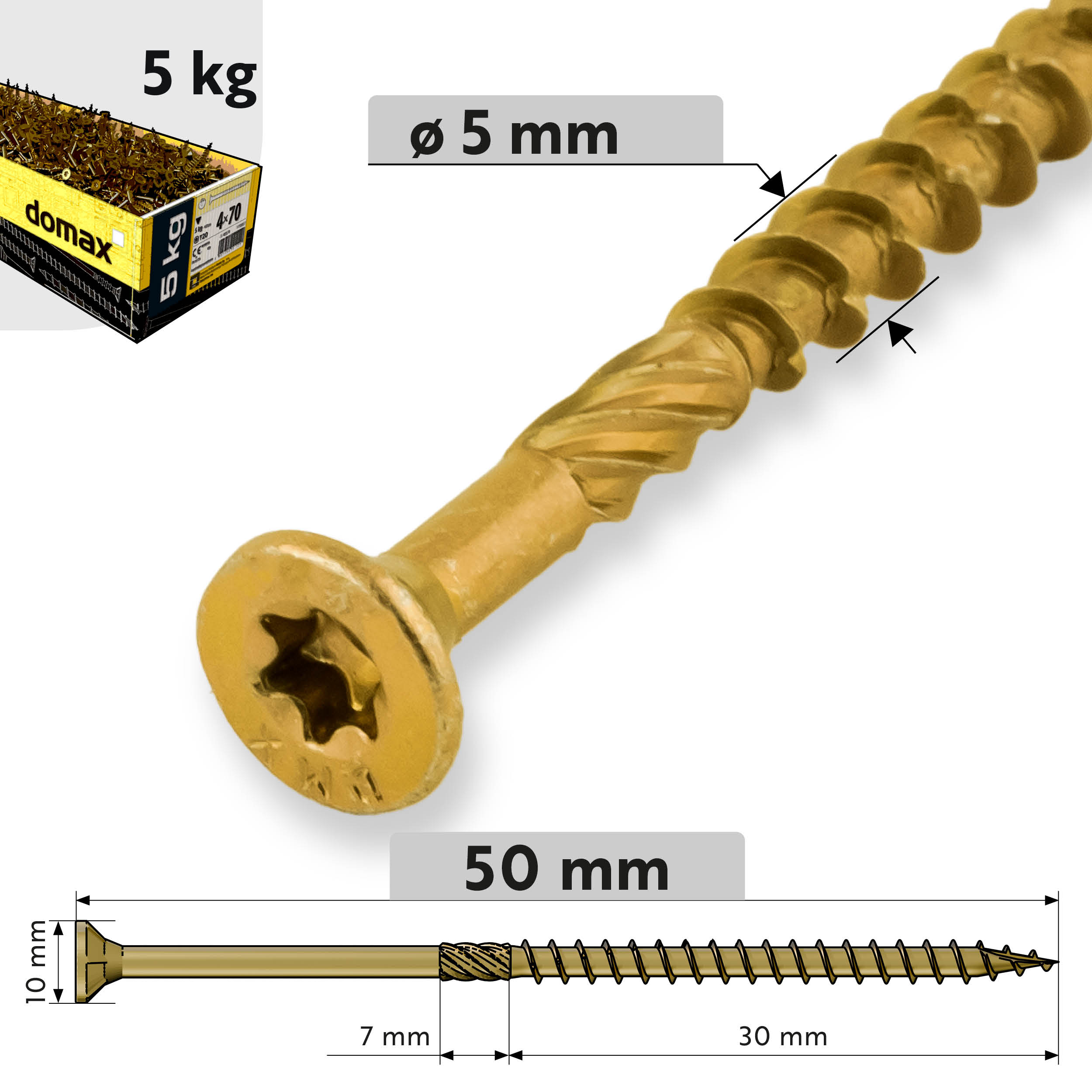 Holzschrauben Senkkopf TORX Teilgewinde - CS | 5 x 50 mm | gelb verzinkt | 5 kg Konische Zimmermannsschrauben TORX CS fĂŒr Holz, 5x50 mm, Gold, 5 kg, Produktfoto.