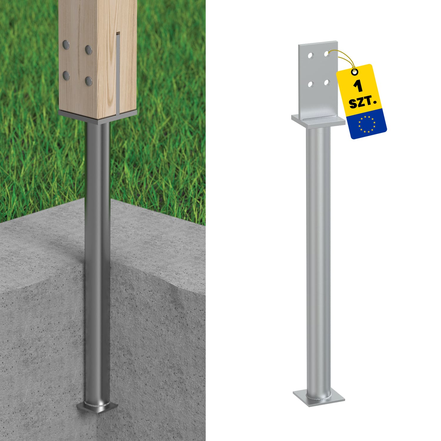 T Pfostenträger zum Einbetonieren versenkt mit langem Rohr Pfostenanker Stützen Betonanker - PSW 70 R500 | 70-80 mm | 641 mm | feuerverzinkt T-förmiger Mastfuß, versenktes langes Rohr PSW 70 R500, 70-80 mm, 641 mm.