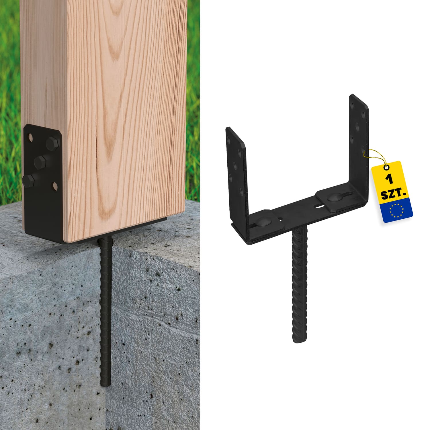 Podstawa słupa kotwa do wmurowania typ U regulowana - PSRU | 60-200 mm | Czarny