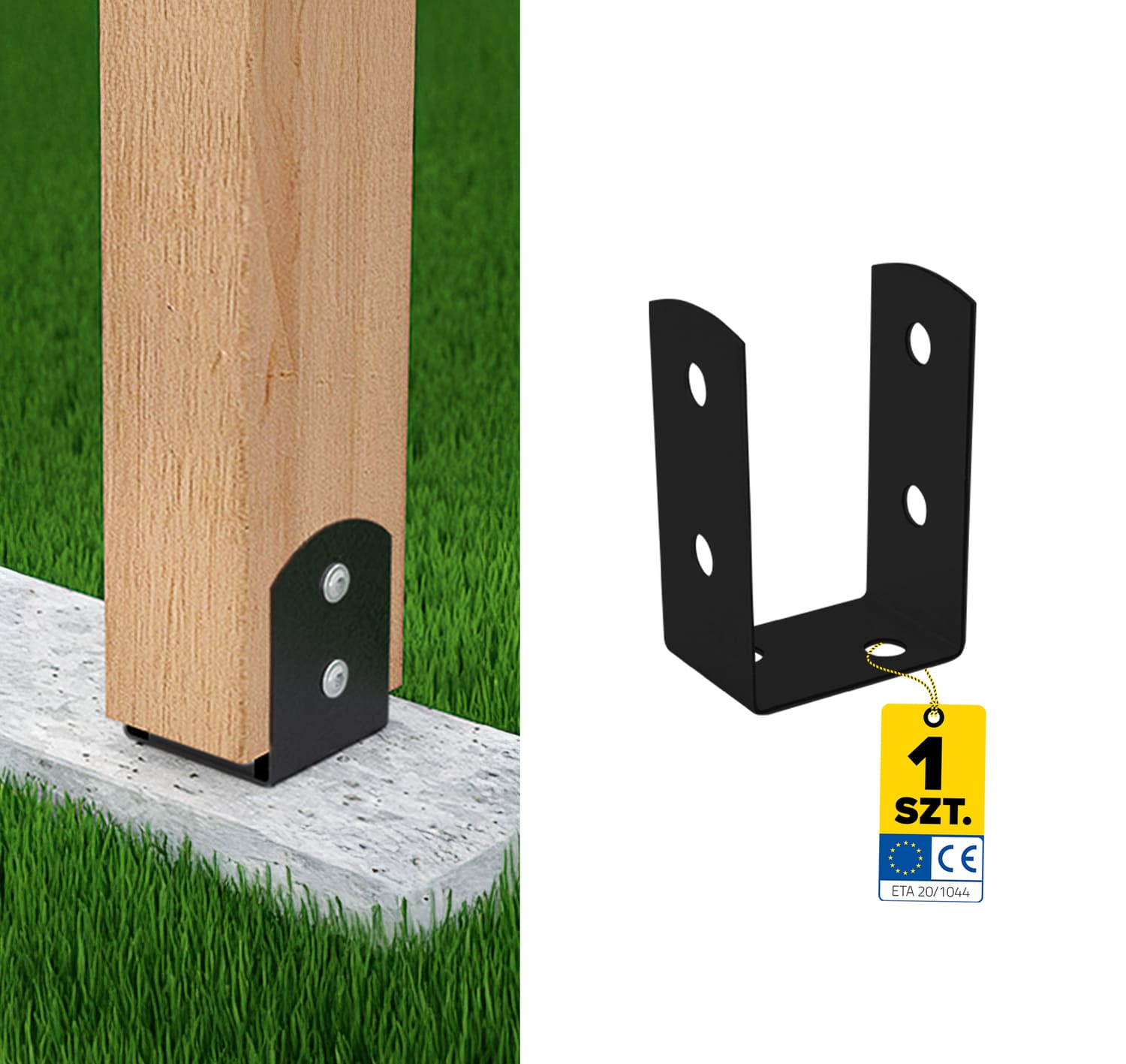 Pfostenträger zum aufdübeln U-Form leicht - PSOL | 60 mm | Schwarz Säulenfuß-Schraubanker auf Beton, Typ U, leichtes PSOL, 60 mm, schwarz, 61x45x100x2,0 mm, Produktfoto.