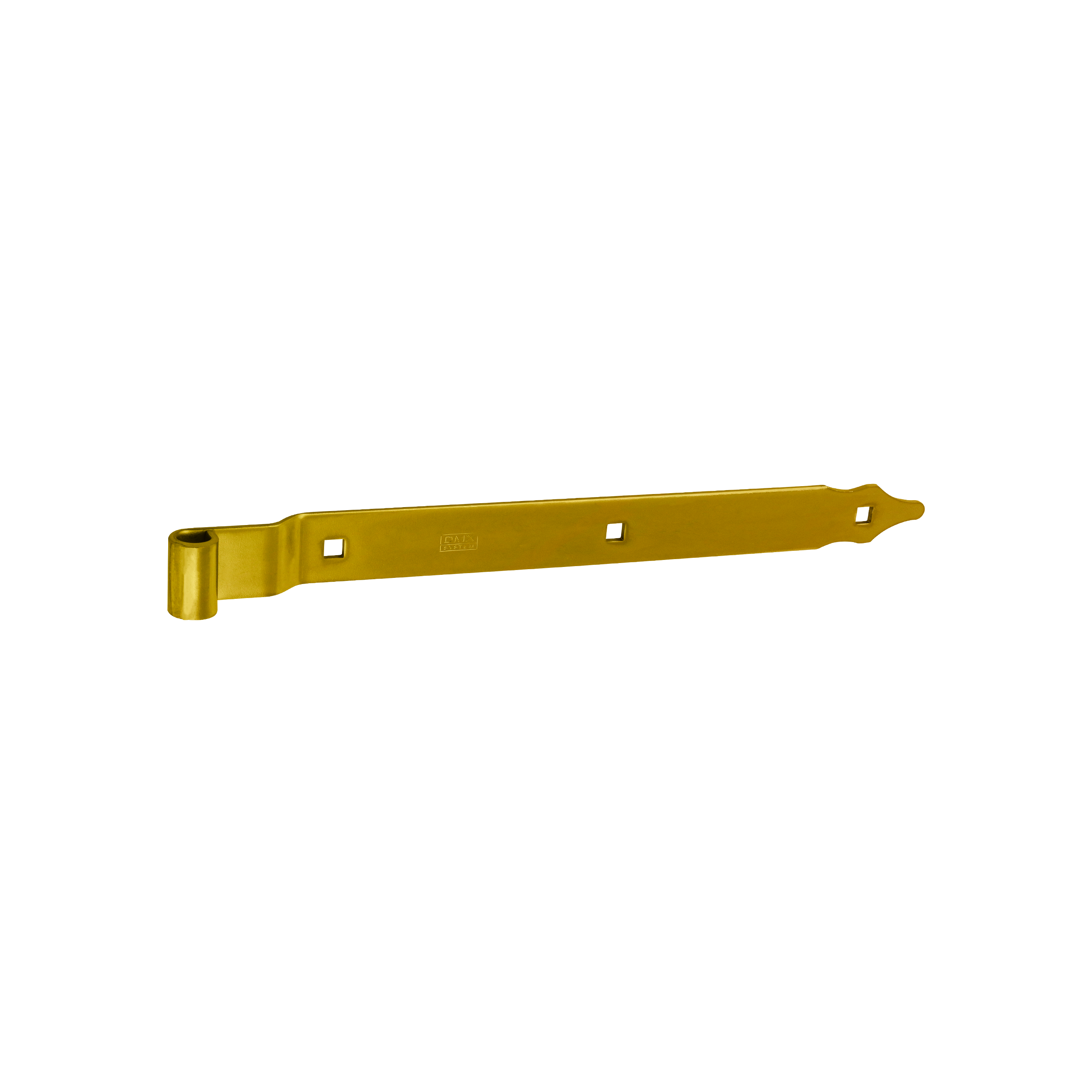 Gekröpftes Ladenband für Tore - ZPK | verzinkt | 400 mm | fi 13 mm Versetztes Bandscharnier für ZPK-Tore, Gold, 400 mm, Durchmesser 13 mm, 400 x 11 x 35 x 4,0 mm, S235-Baustahl.