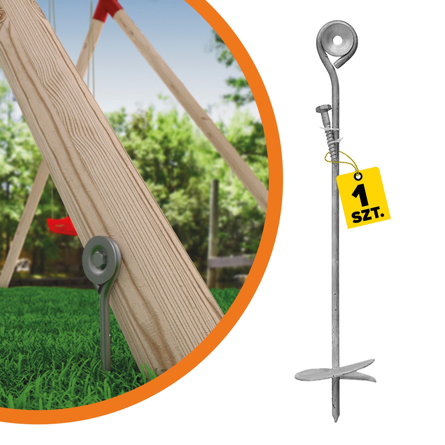 Einschraub Bodenanker mit Öse Pfostenträger Stützen Erdanker feuerverzinkt für Trampolin und Schaukeln - KWZ | 470 x 100 mm Schraubanker mit Öse für Boden KWZ, 470x100 mm, 470x100 mm, silber, Baustahl S235; DIN 6334, Produktaufnahme.