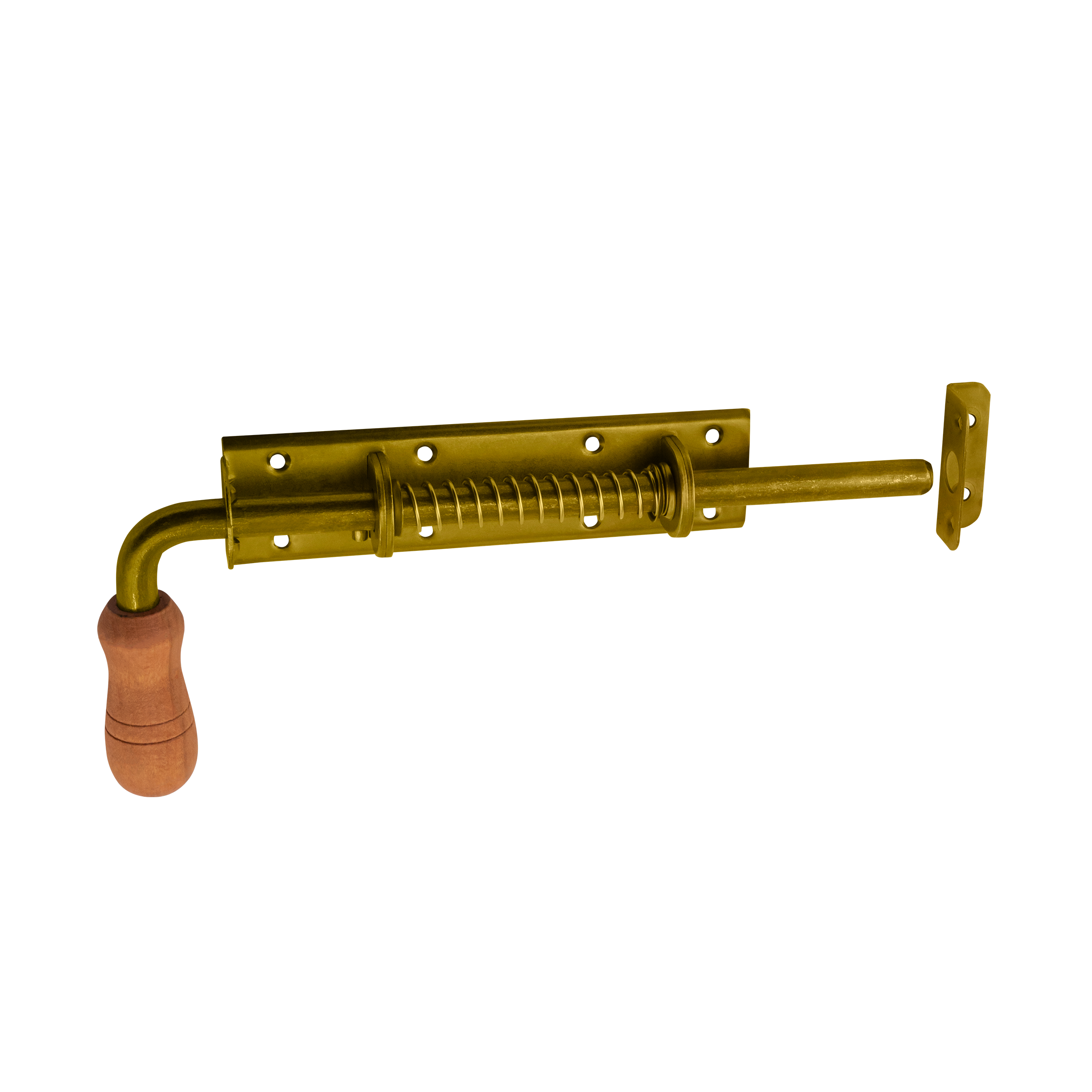 Runder Federriegel mit Holzgriff Bolzenriegel - WSP | verzinkt | 300 mm Federriegel mit Holzgriff rund WSP, gold, 300 mm, 300x190x50 mm, DC01 Baustahl.
