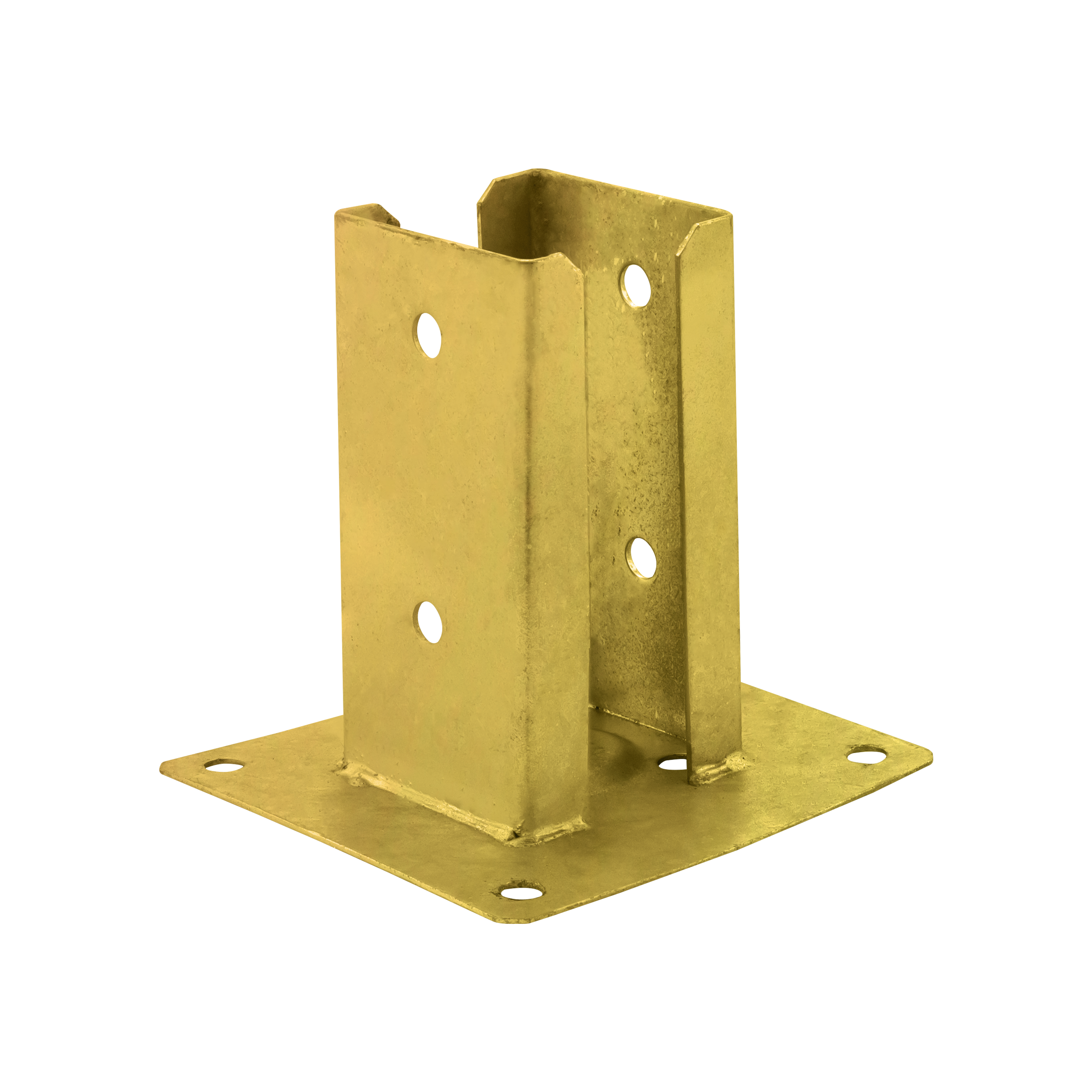Pfostenträger zum aufdübeln Aufschraubhülse doppelt mit rechteckiger Grundplatte - PSPD | 70 mm | Gold Doppelverschraubter Säulenfuß mit rechteckigem Sockel PSPD, 70 mm, Gold, 71 x 150 x 2,0 mm.