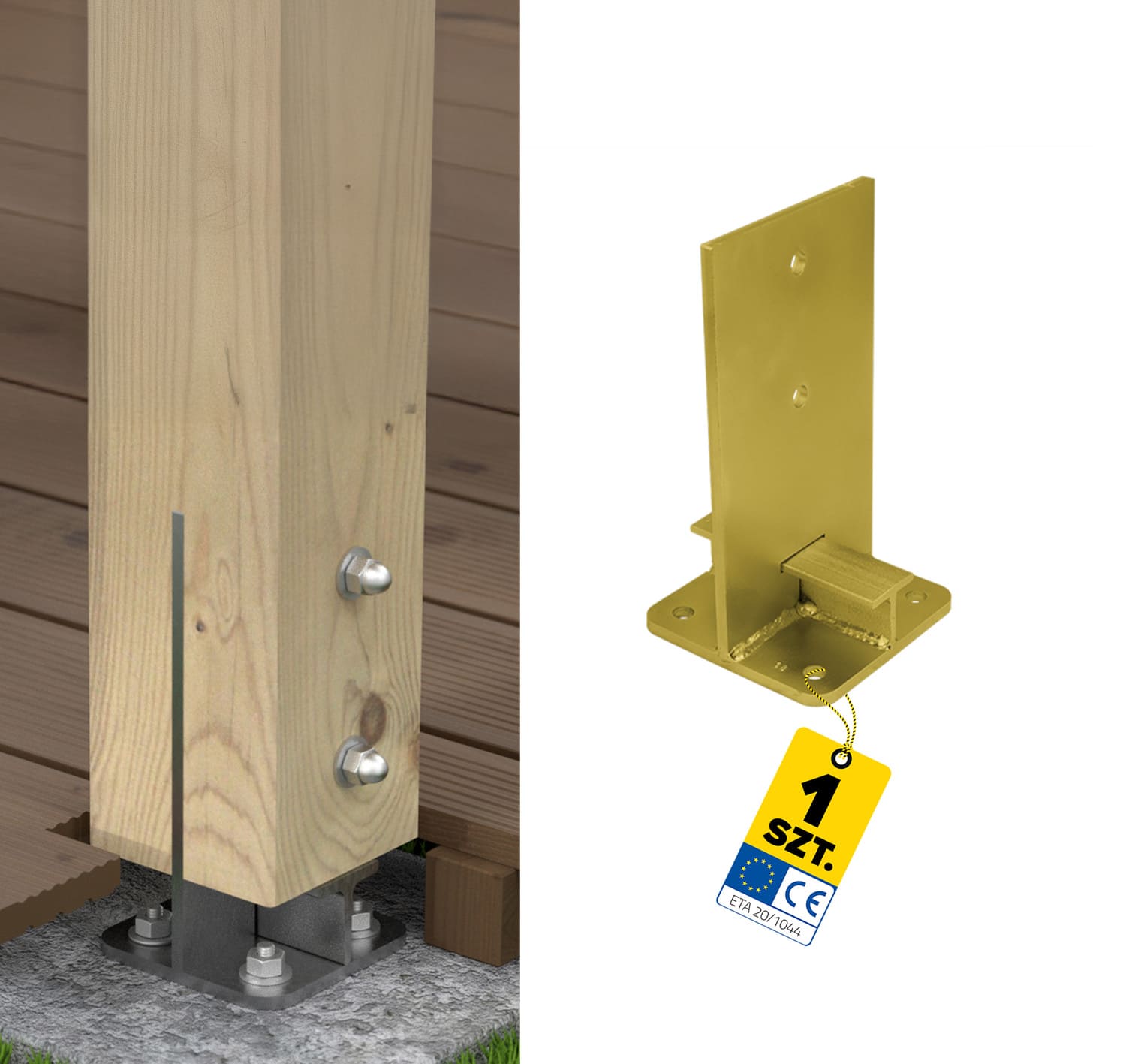 Pfostenträger zum aufdübeln Typ T Stützenfuss schwerlast - PUW | 140 mm | Gold Säulenfußanker zum Einbetonieren, Typ T, versenkt, stark, PUW, 140 mm, gold.