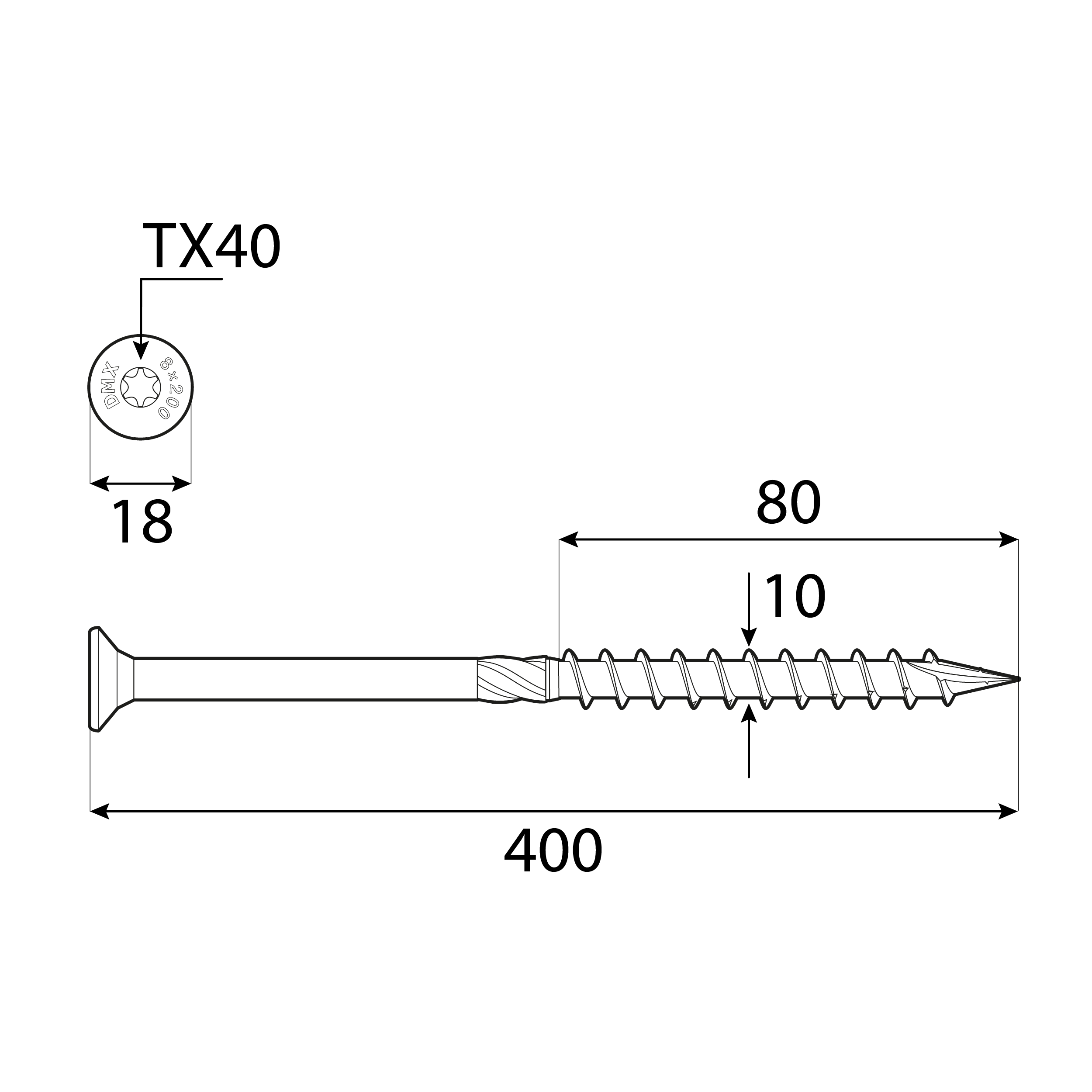Wkręty ciesielskie do drewna stożkowe TORX - CS | 10 x 400 mm | Złoty | 50 szt Wkręty ciesielskie do drewna stożkowe TORX - CS | 10 x 400 mm | Złoty | 50 szt