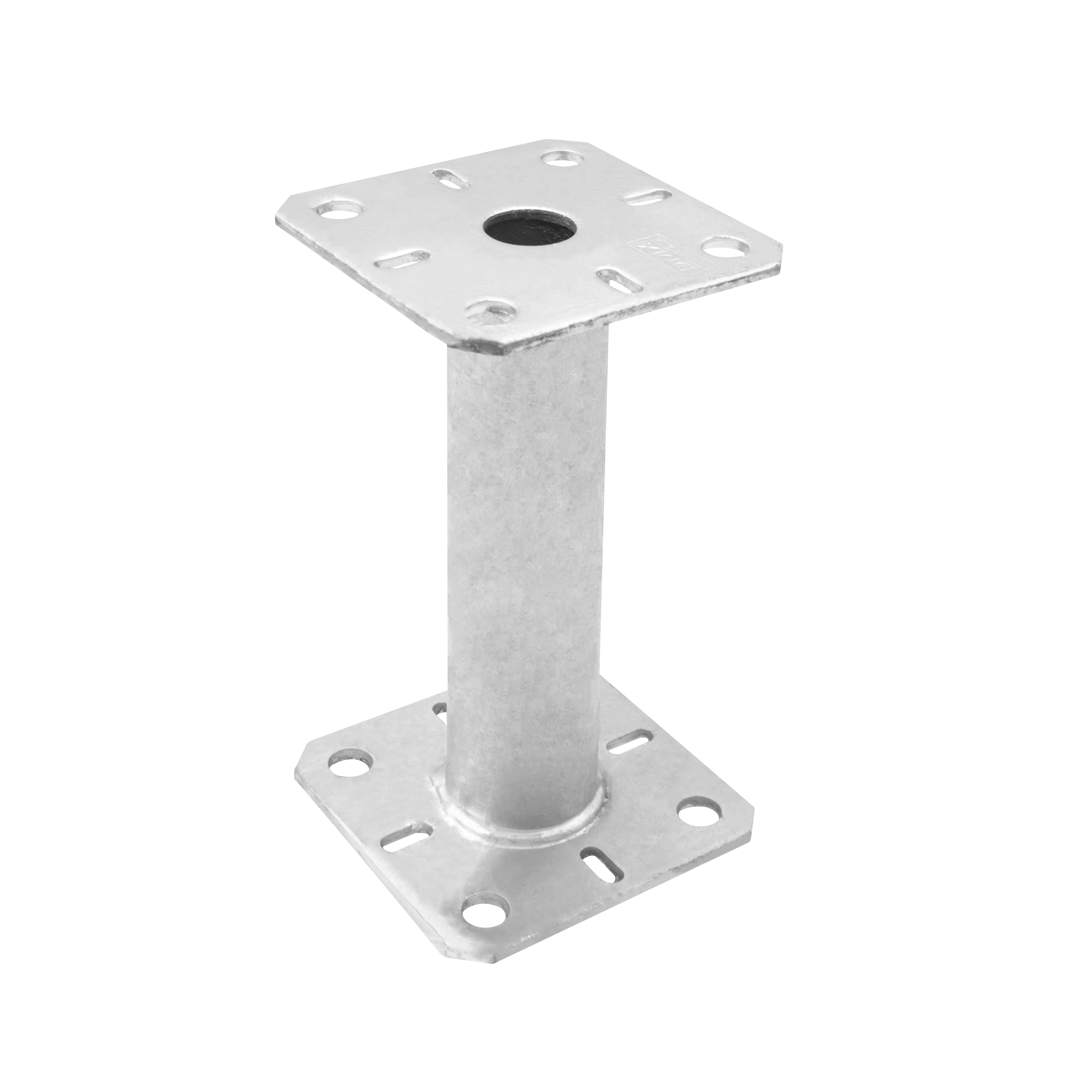 Pfostenträger flach Konsole mit Rohr - PMF | 100x100 mm | 200 mm | feuerverzinkt Mastfuß, Anker, Flachhalter mit PMF-Rohr, 100x100 mm, 200 mm, silber, 100x100x200x4,0 mm, Schuss 1.
