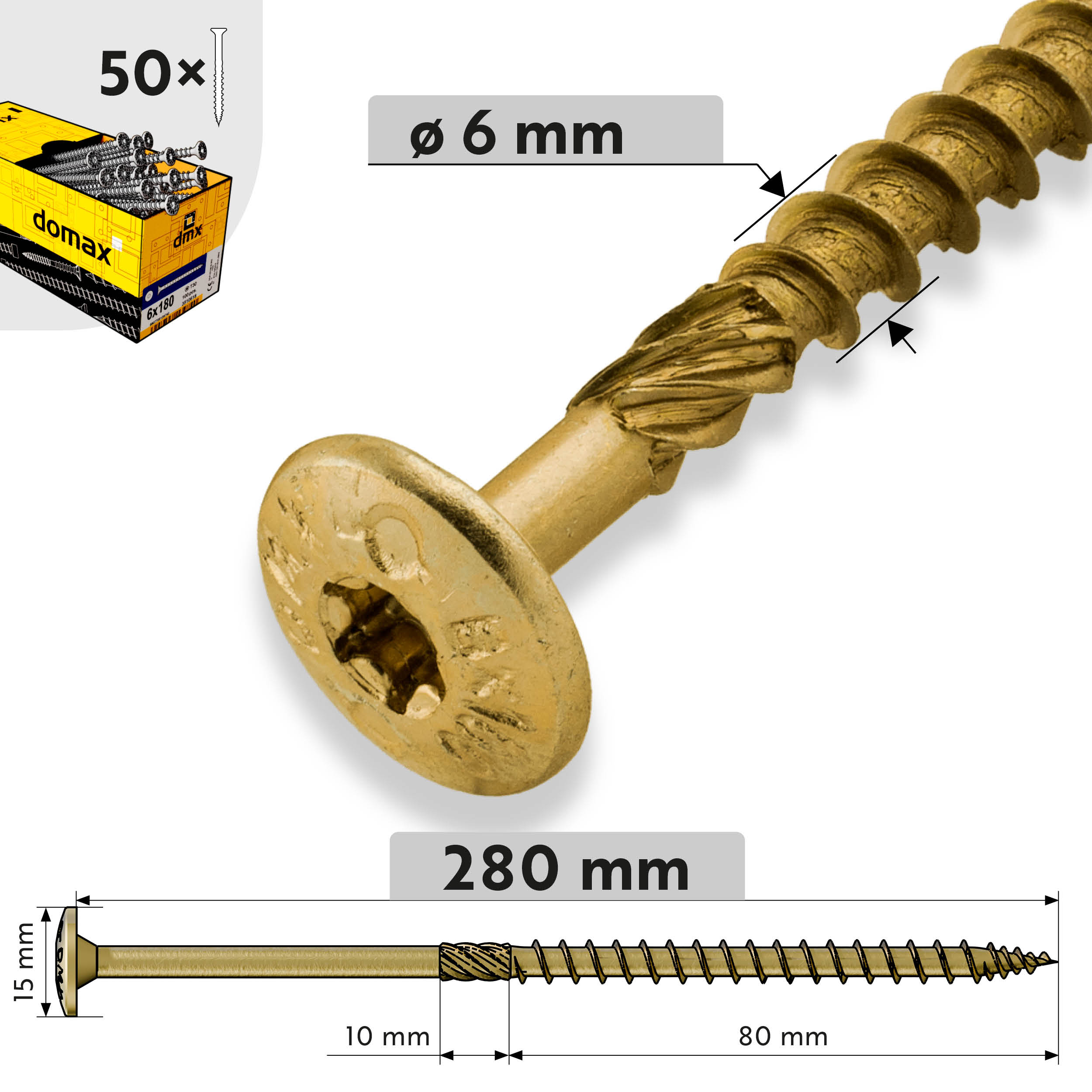 Holzbauschrauben Tellerkopf TORX Teilgewinde - CT | 6 x 280 mm | gelb verzinkt | 50 Stk. TORX CT Zimmermannsplattenschrauben fĂŒr Holz, 6x280 mm, Gold, 50 Stk., 6x280 mm, gehĂ€rteter Kohlenstoffstahl, Produktfoto.