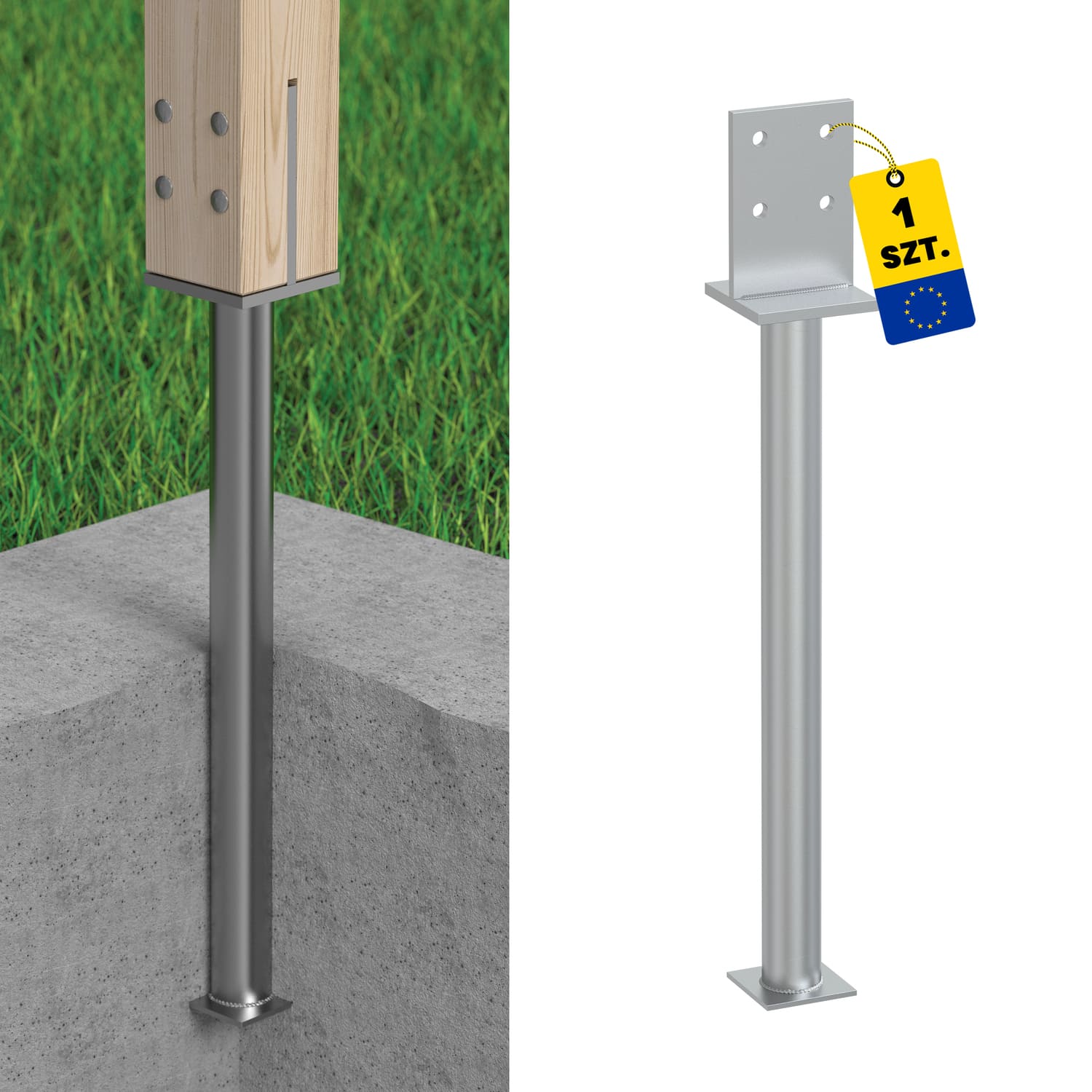 T Pfostenträger zum Einbetonieren versenkt mit langem Rohr Pfostenanker Stützen Betonanker - PSW 90 R500 | 90-120 mm | 641 mm | feuerverzinkt T-förmiger Mastfuß, versenktes langes Rohr PSW 90 R500, 90-120 mm, 641 mm.