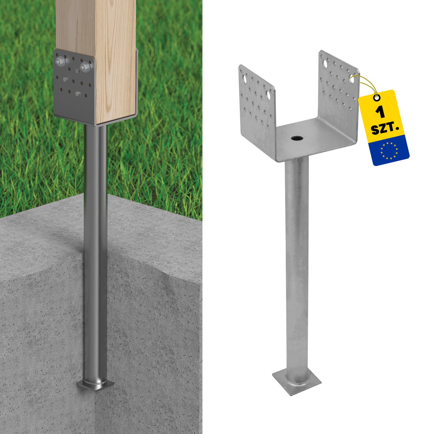 U Pfostenträger zum Einbetonieren breit Mehrpunkt mit 500 mm Rohr Pfostenanker Stützen Betonanker - PSS 140 R500 | 140x629 mm | feuerverzinkt U-förmiger Mastfuß, Mehrpunkt-Langrohr PSS 140 R500, 140x629 mm.