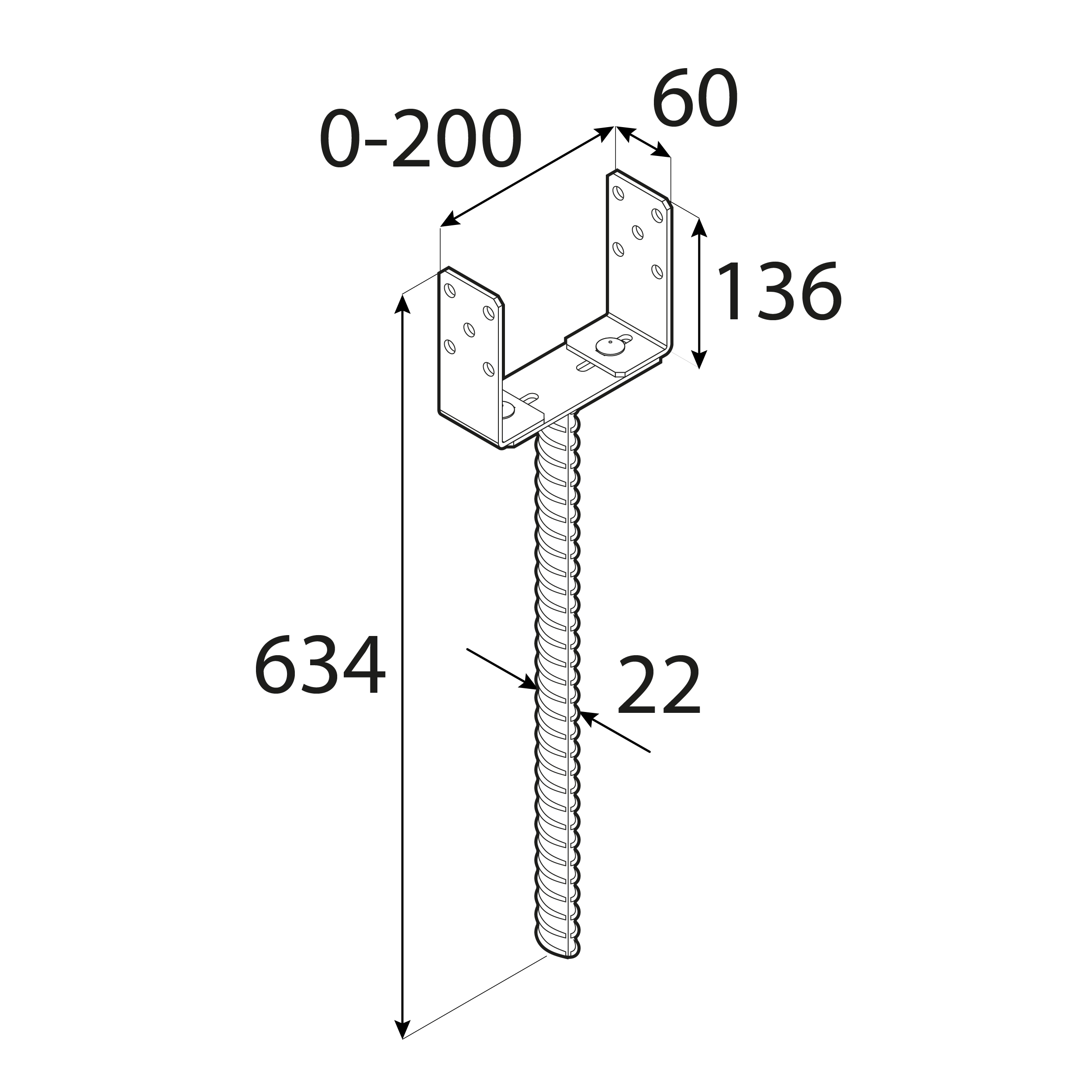 Podstawa słupa kotwa do wmurowania typ U regulowana - PSRU | 60-200 mm | Pręt 500 mm