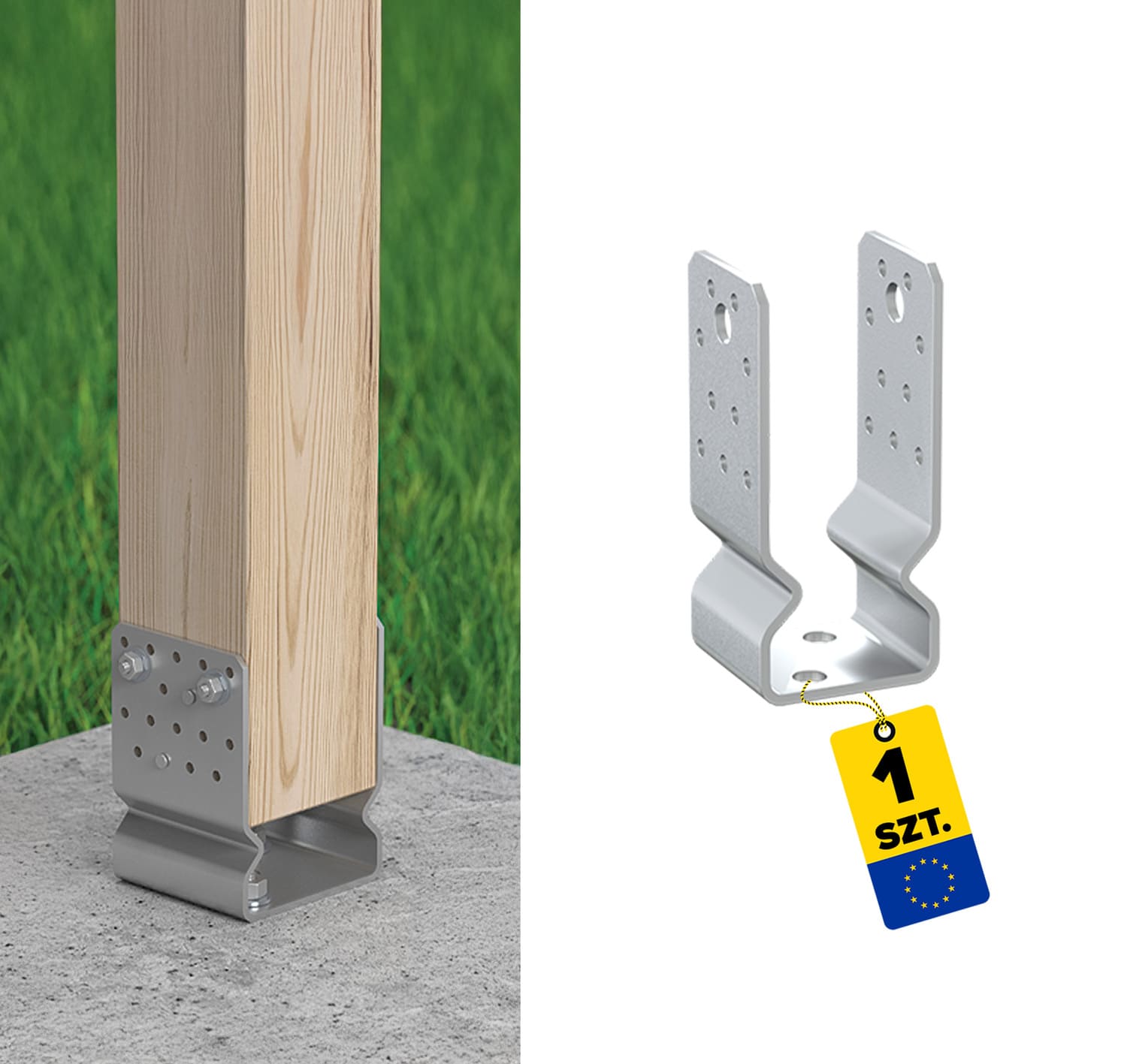 Pfostenträger zum aufdübeln U-Form Pfostenanker Mehrpunkt - PSSOZ | 60 mm | feuerverzinkt Säulenfuß-U-Anker mit Versatz, Mehrpunkt-PSSOZ, 60 mm, silber.