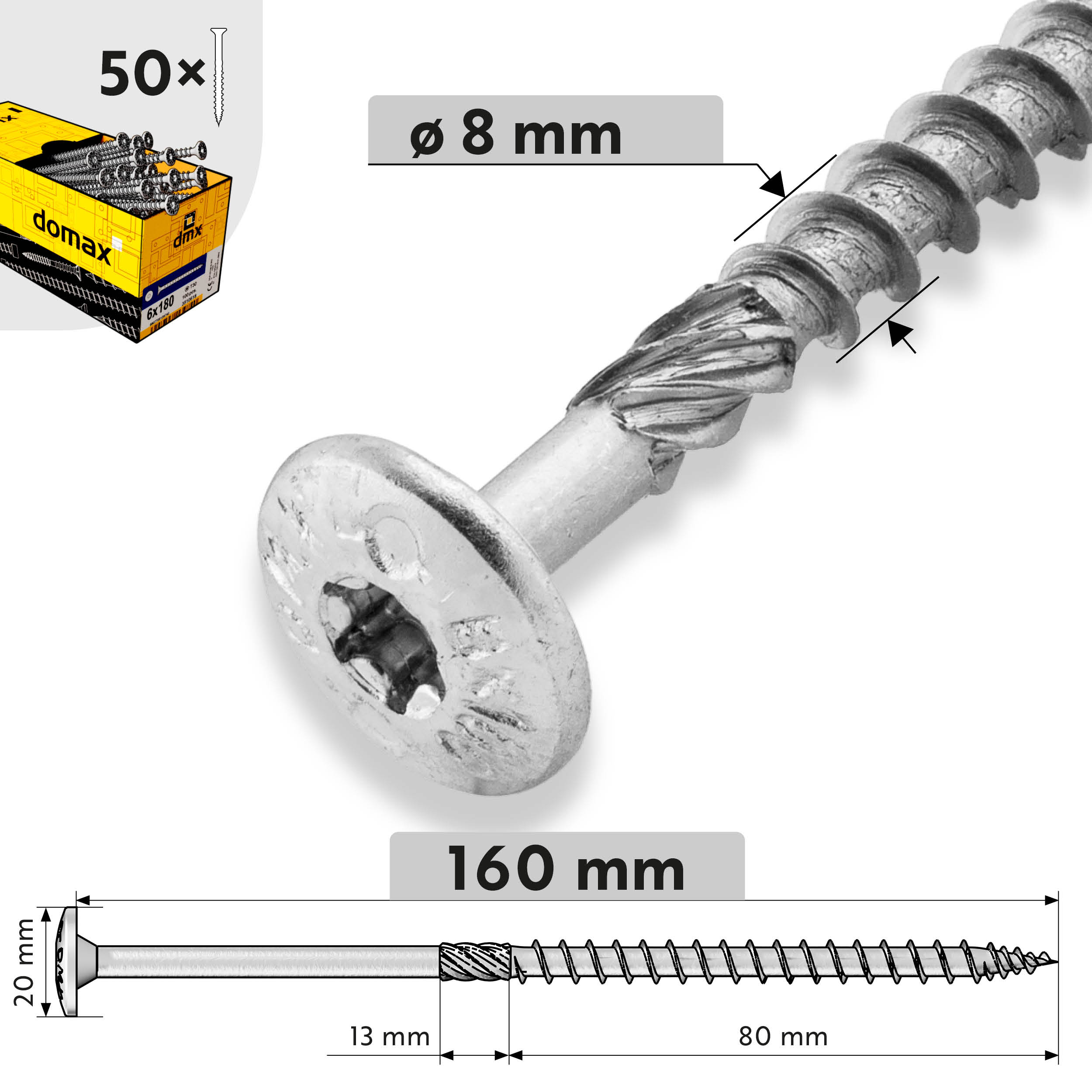 Wkręty ciesielskie do drewna talerzowe TORX - CT | 8 x 160 mm | Srebrny | 50 szt