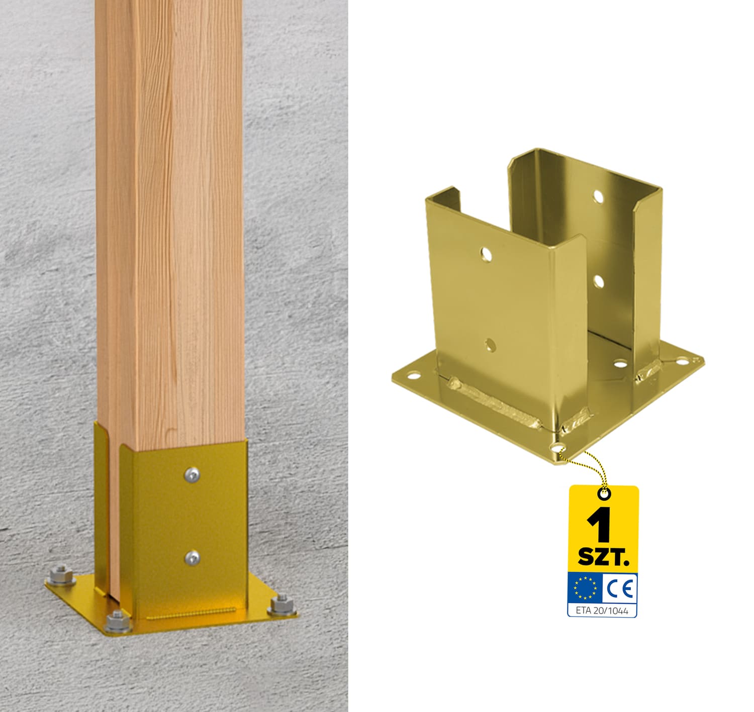 Pfostenträger zum aufdübeln Aufschraubhülse doppelt mit rechteckiger Grundplatte - PSPD | 120 mm | Gold Doppelverschraubter Säulenfuß mit rechteckigem Sockel PSPD, 120 mm, Gold.