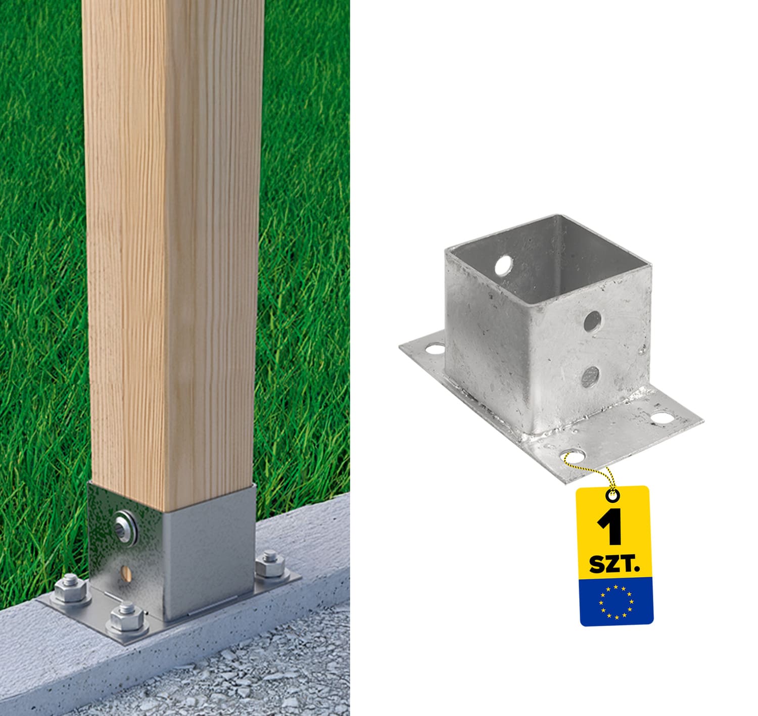 Pfostenträger zum aufdübeln mit rechteckiger Grundplatte - PSPN | 70 mm | feuerverzinkt Säulenfuß, Schraubanker für Beton mit rechteckiger Basis PSPN, 70 mm, 72x70x2,0 mm.