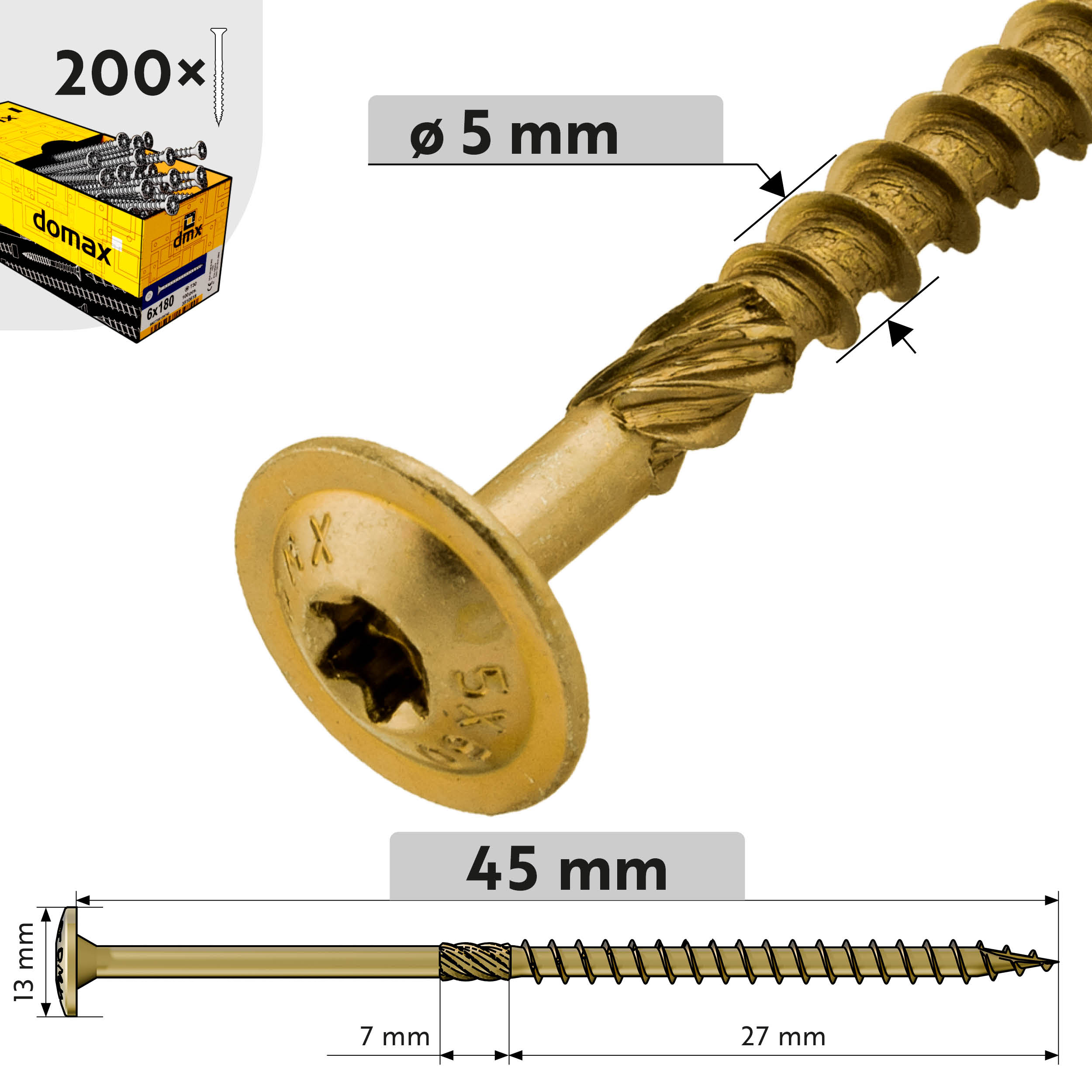 Holzschrauben Tellerkopf TORX Teilgewinde - CT | 5 x 45 mm | gelb verzinkt | 200 Stk. TORX CT Zimmermannsplattenschrauben fĂŒr Holz, 5x45 mm, Gold, 200 Stk., 5x45 mm, gehĂ€rteter Kohlenstoffstahl, Produktfoto.