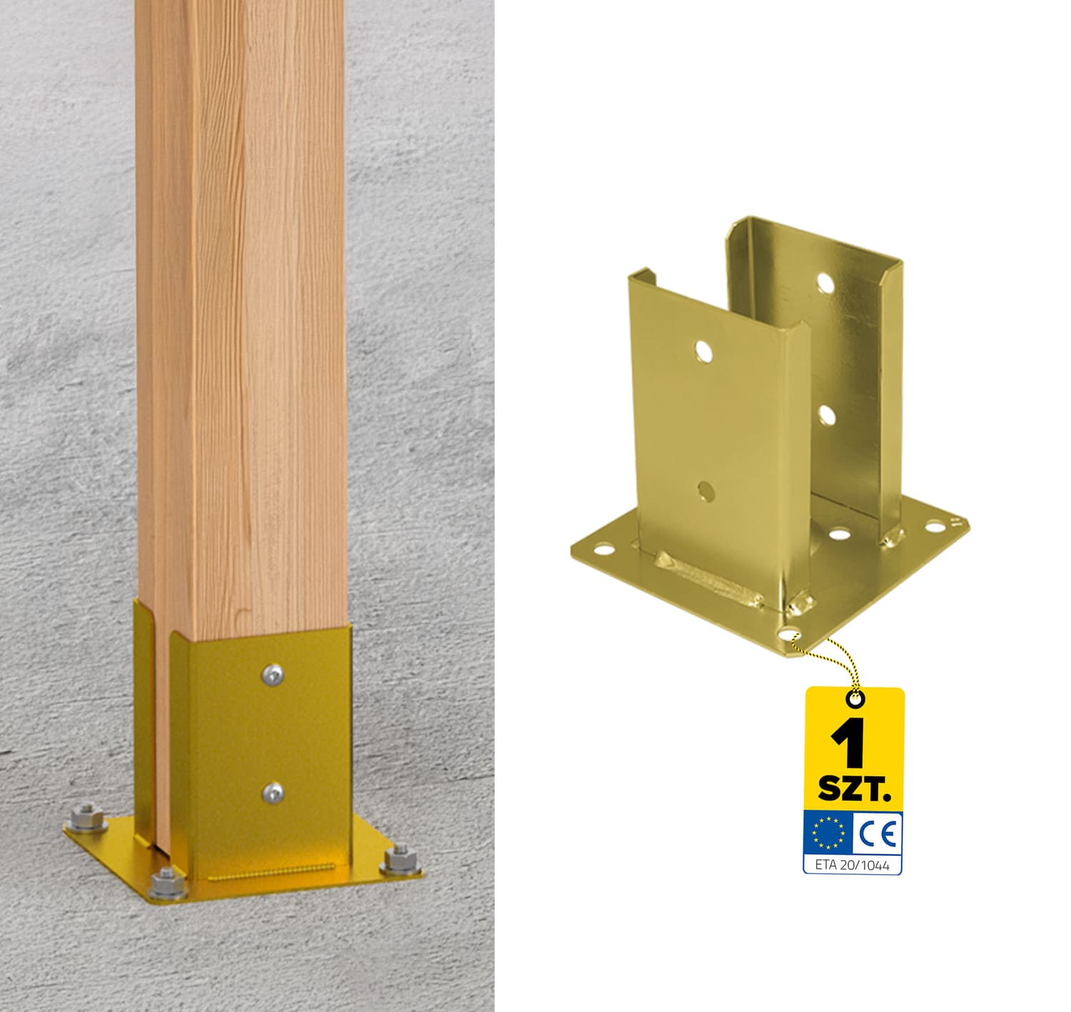 Pfostenträger zum aufdübeln Aufschraubhülse doppelt mit rechteckiger Grundplatte - PSPD | 90 mm | Gold Doppelverschraubter Säulenfuß mit rechteckigem Sockel PSPD, 90 mm, Gold.