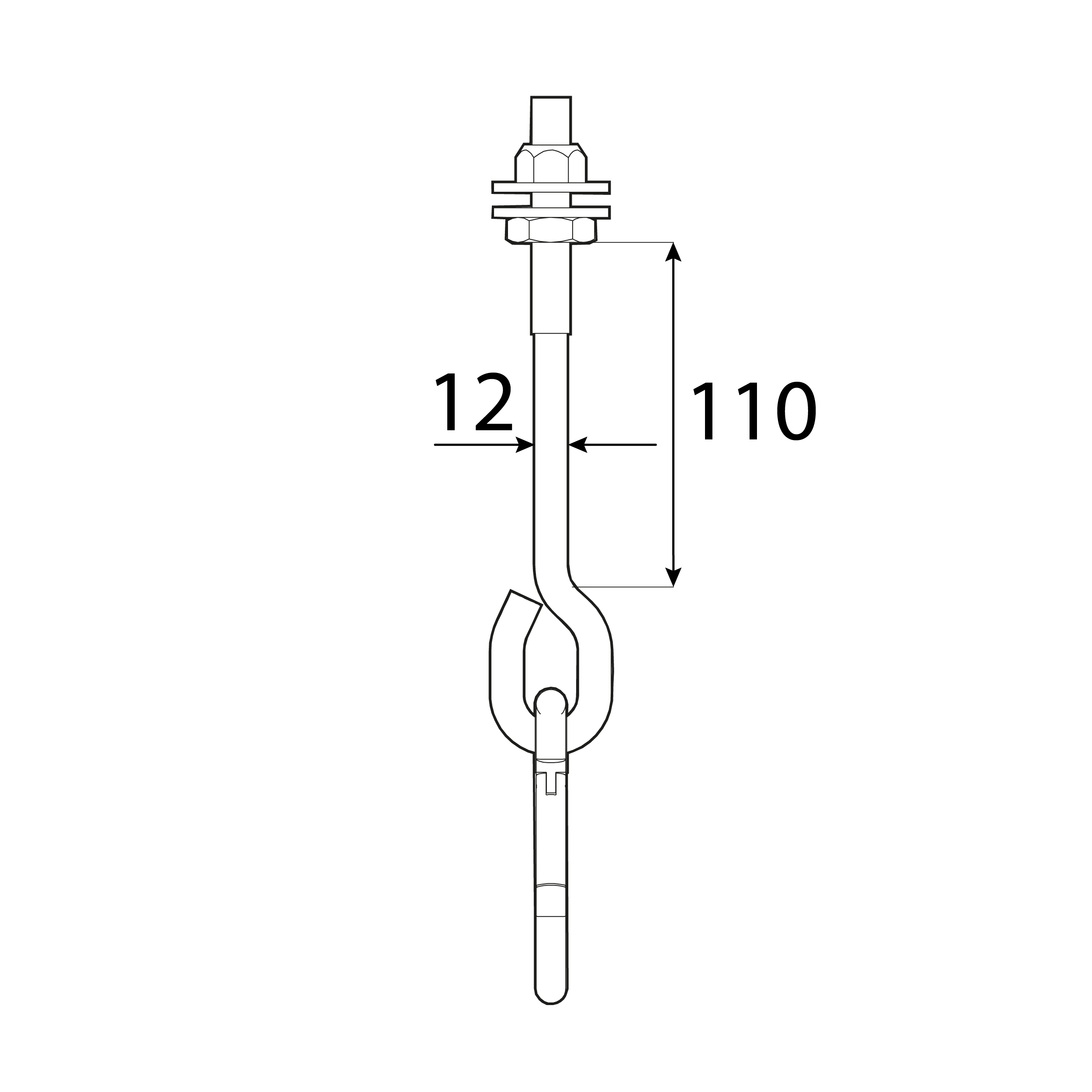 Schaukelhaken mit Karabiner Typ A - MHA | 110 mm | M12 Schaukelhaken mit Karabiner, Schlingenbefestigung Typ A MHA, 110 mm, M12, Silber, Kohlenstoffstahl, Schuss 1.