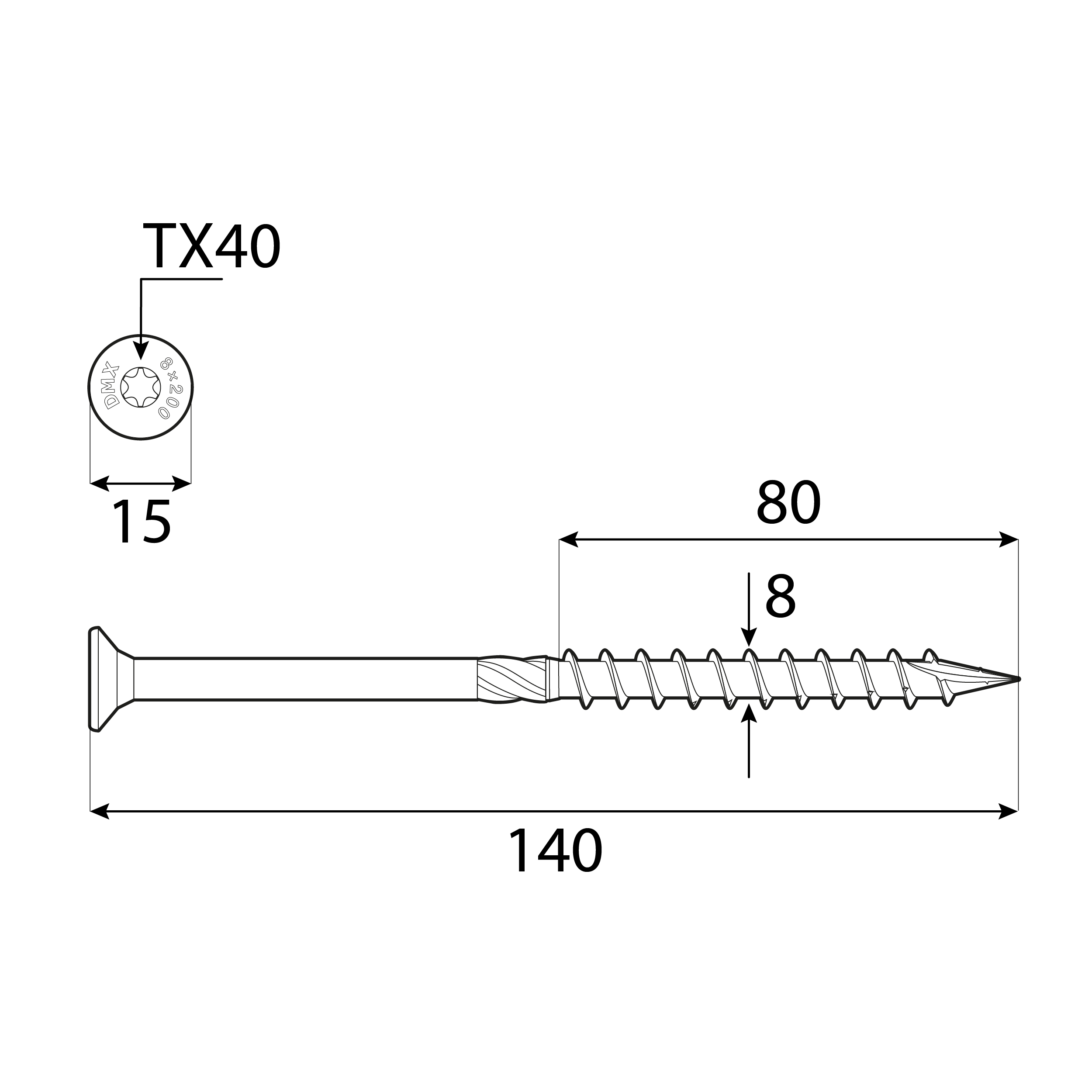 Wkręty ciesielskie do drewna stożkowe TORX - CS | 8 x 140 mm | Złoty | 50 szt Wkręty ciesielskie do drewna stożkowe TORX - CS | 8 x 140 mm | Złoty | 50 szt