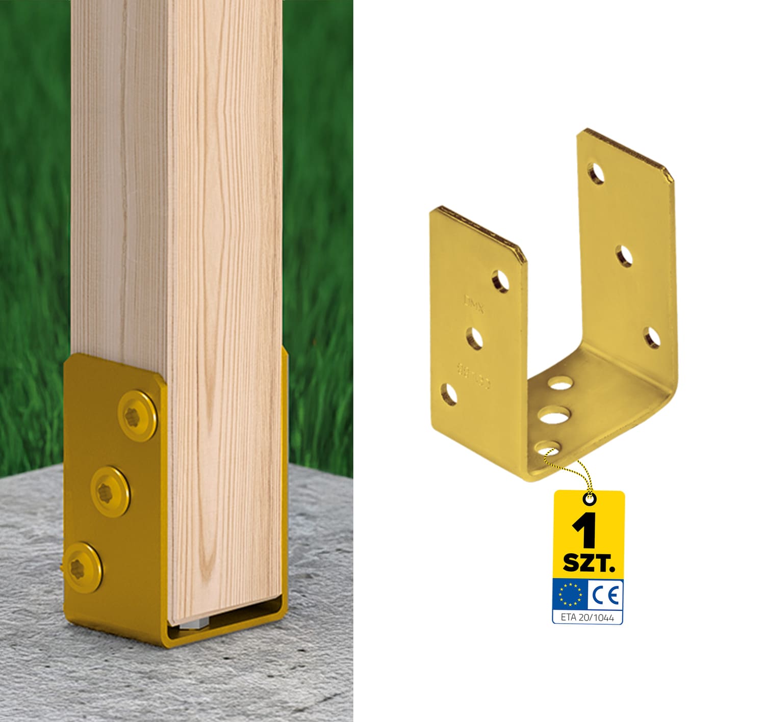 Pfostenträger zum aufdübeln U-Form universal - PSO | 90 mm | Gold Säulenfußanker zum Verschrauben mit Beton, Typ U, Universal PSO, 90 mm, gold.