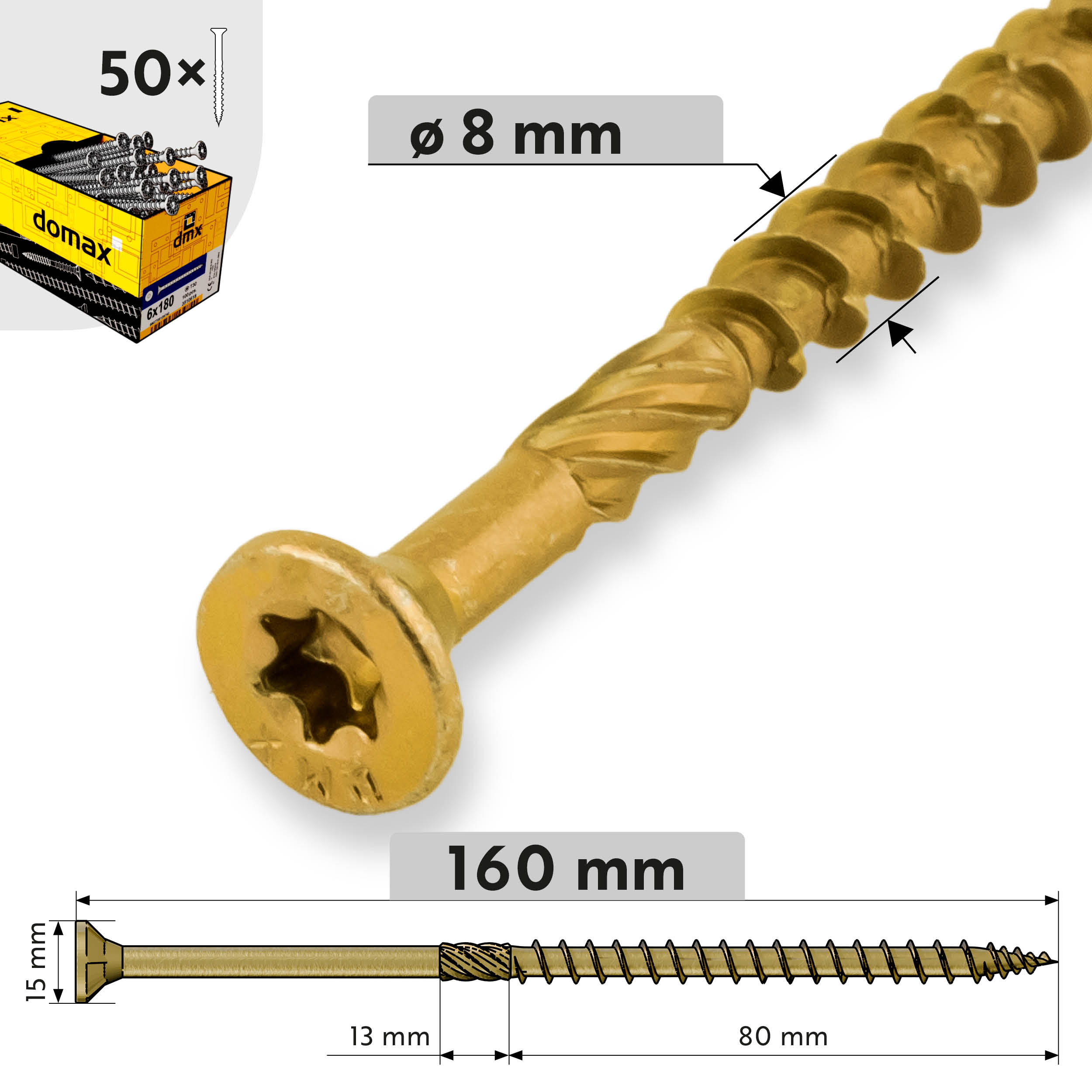 Wkręty ciesielskie do drewna stożkowe TORX - CS | 8 x 160 mm | Złoty | 50 szt Wkręty ciesielskie do drewna stożkowe TORX - CS | 8 x 160 mm | Złoty | 50 szt