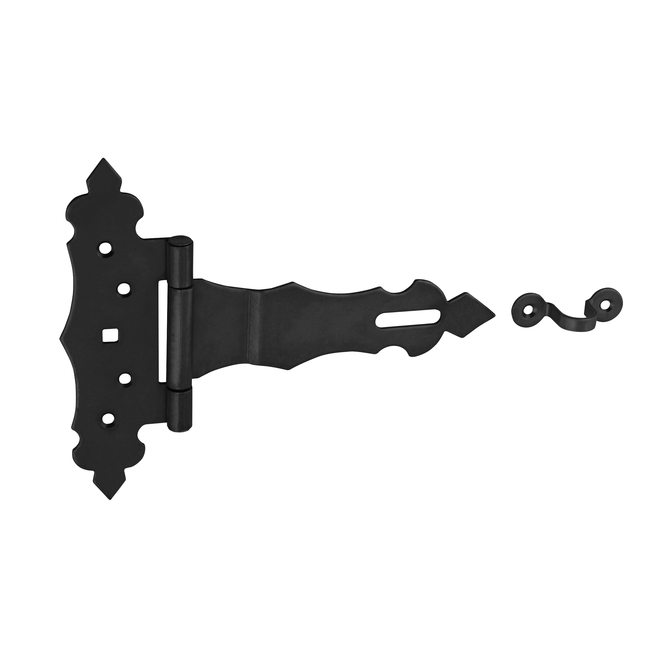 Dekorative Überfalle für Tore - ZBZ | schwarz | 150 mm Dekoratives Torscharnier mit ZBZ-Schloss, schwarz, 150 mm, 150x50x170x2,5 mm, DC01-Baustahl.