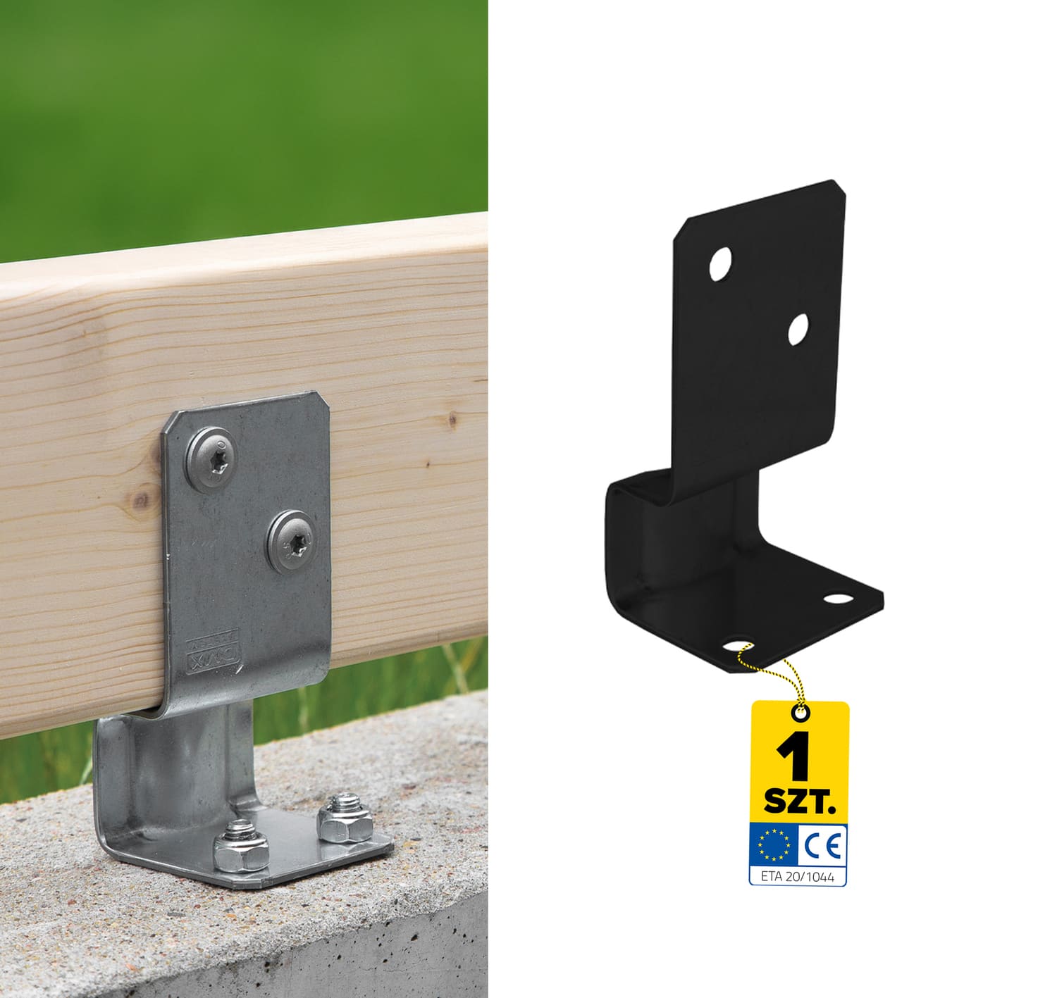 Pfostenträger zum aufdübeln L-Form mit Balkenauflage - PSK | 35-70 mm | Schwarz Säulenfuß, Schraubanker, Typ L, mit PSK-Versatz, 35-70 mm, schwarz.